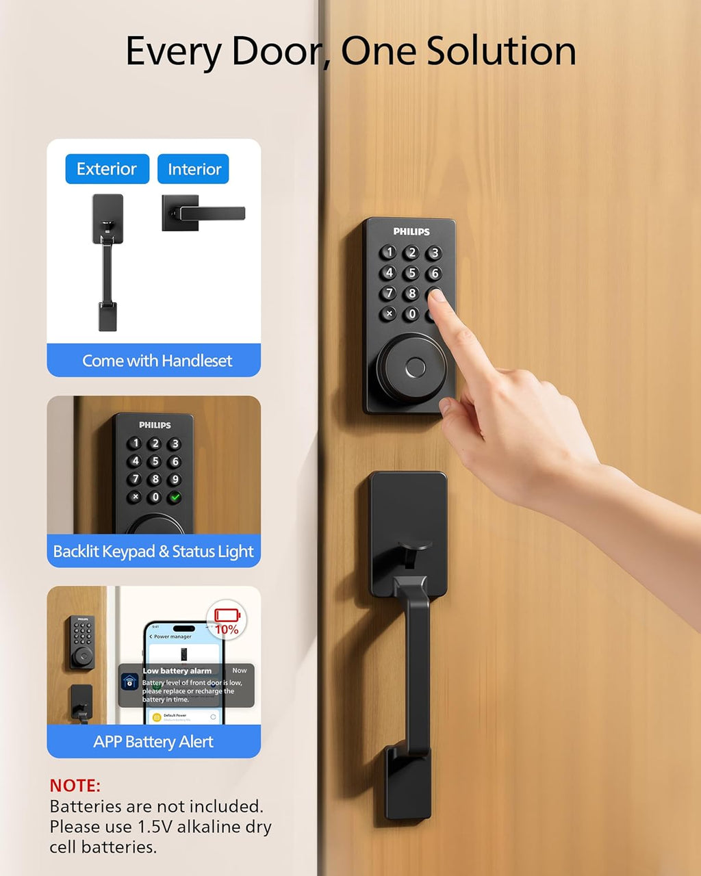 Philips Wi-Fi Smart Door Lock with Handle Set, Keypad Deadbolt for Front Door, Fingerprint Keyless Entry Door Lock with App Remote Control, IP53 Waterproof, Auto Lock, Security Easy Installation