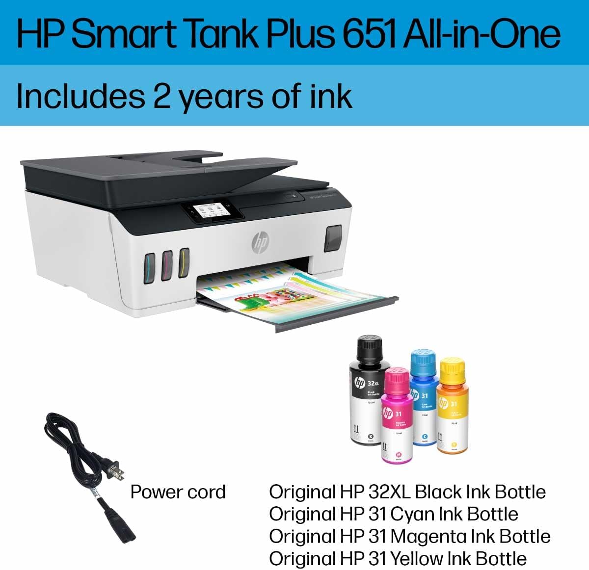 HP Smart Tank Plus 651 Wireless All-in-One Printer, Ink Tank Printer-for-Home Use, 2 Years of Ink Included Auto Document Feeder, Mobile Print, Scan, Copy, Fax, an EcoTank Alternative (7XV38A)