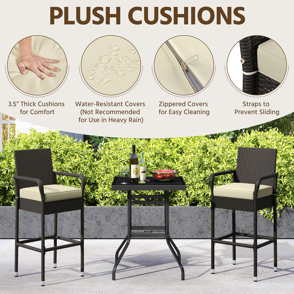 Yaheetech Outdoor Bar Stools Set of 4, Patio Wicker Chairs with Armrests, Footrests, Cushion for Porch Garden Balcony Backyard, Brown/Beige