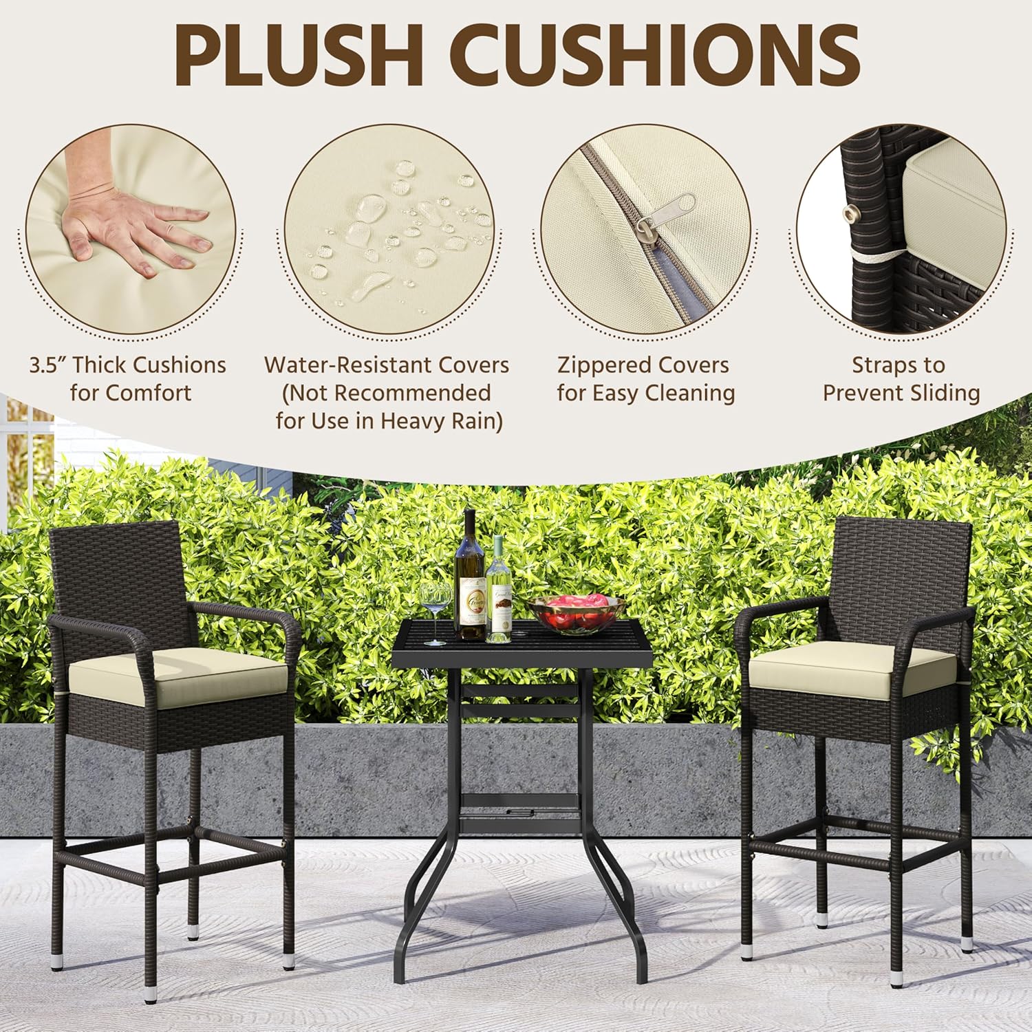 Yaheetech Outdoor Bar Stools Set of 4, Patio Wicker Chairs with Armrests, Footrests, Cushion for Porch Garden Balcony Backyard, Brown/Beige