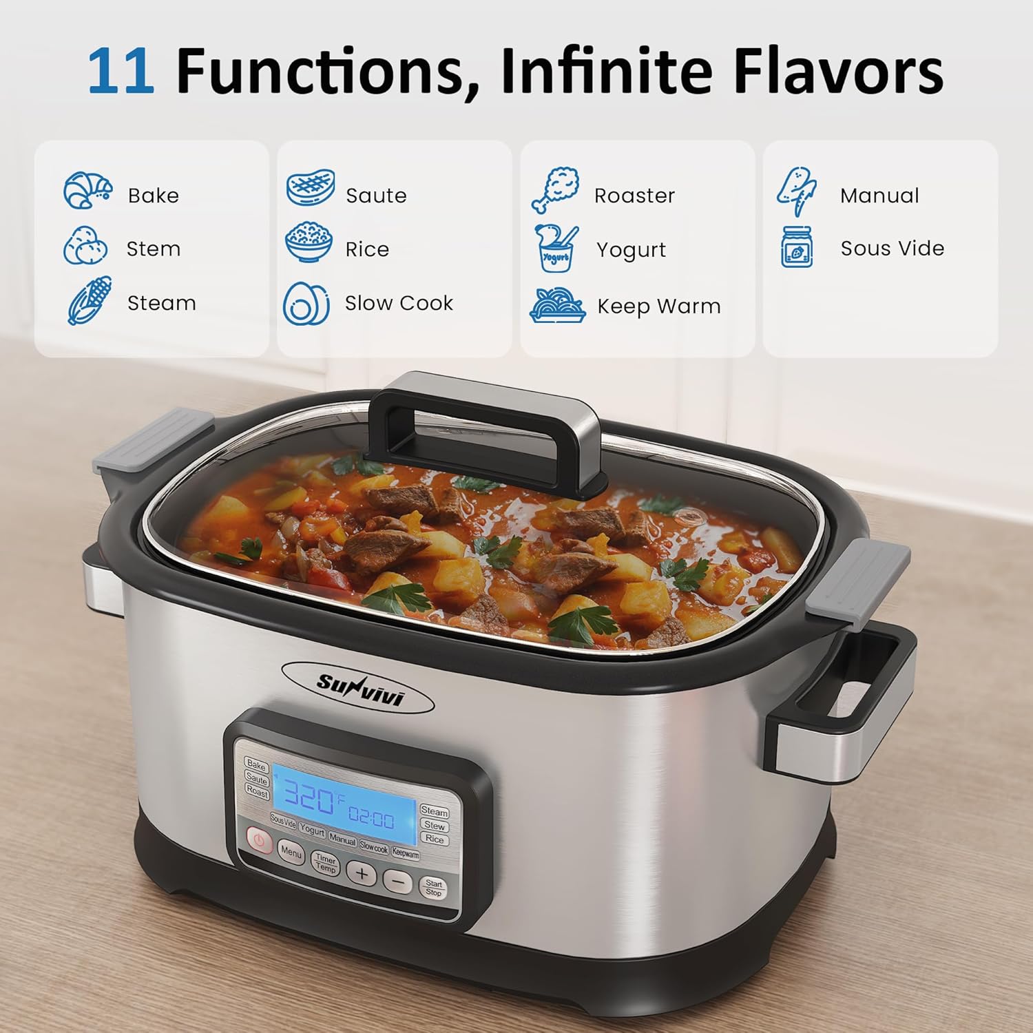 11-in-1 Multi Cooker 6.5QT, Programmable slow cooker with Nonstick Removable Pot, Digital Display, Adjustable Temp & Time for Slow Cook, Saute, Steam, Rice, Yogurt, Warmer