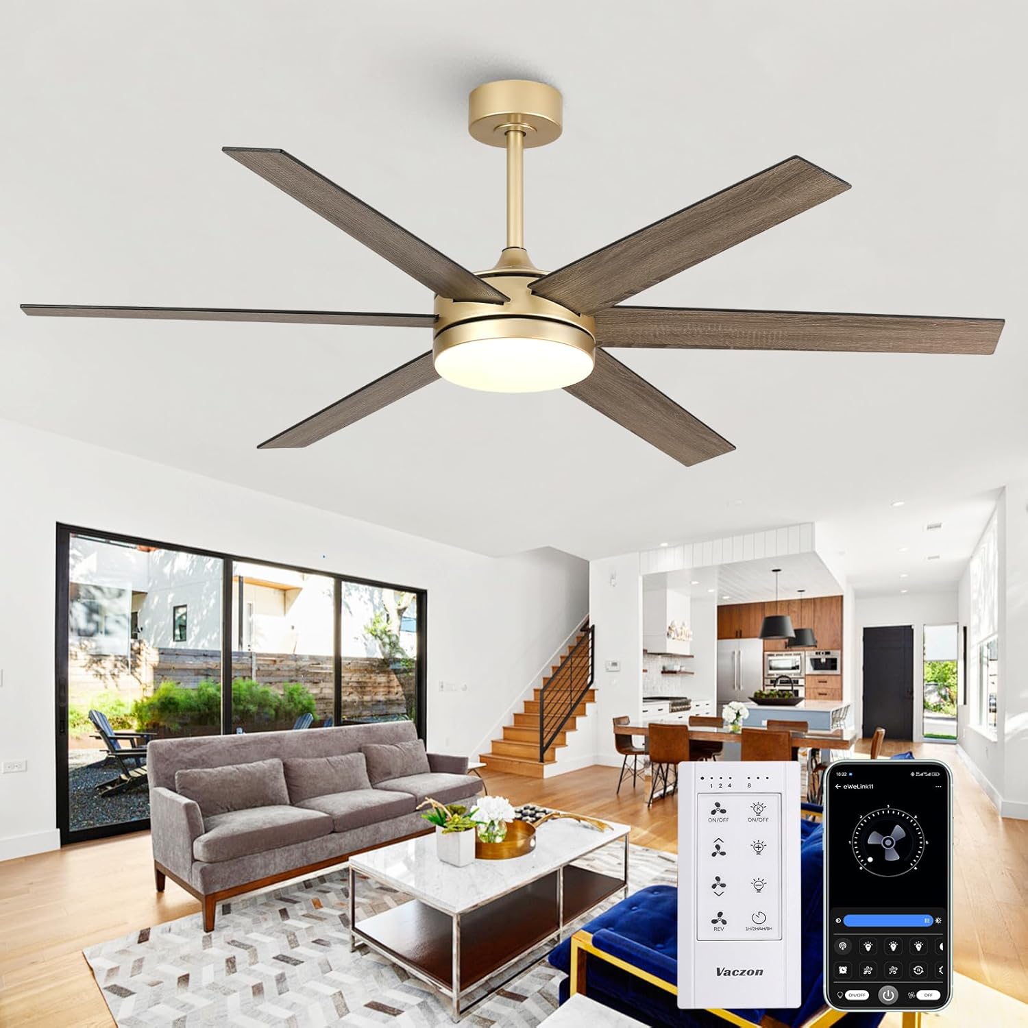 60 Inch Large Gold Ceiling fan with Lights and Remote/APP, Modern Black and Gold Ceiling Fan for bedroom Living Room Shop with 3CCT, 6-Speeds, Timer, 5 Blade Indoor Sleek Brass Fandelier