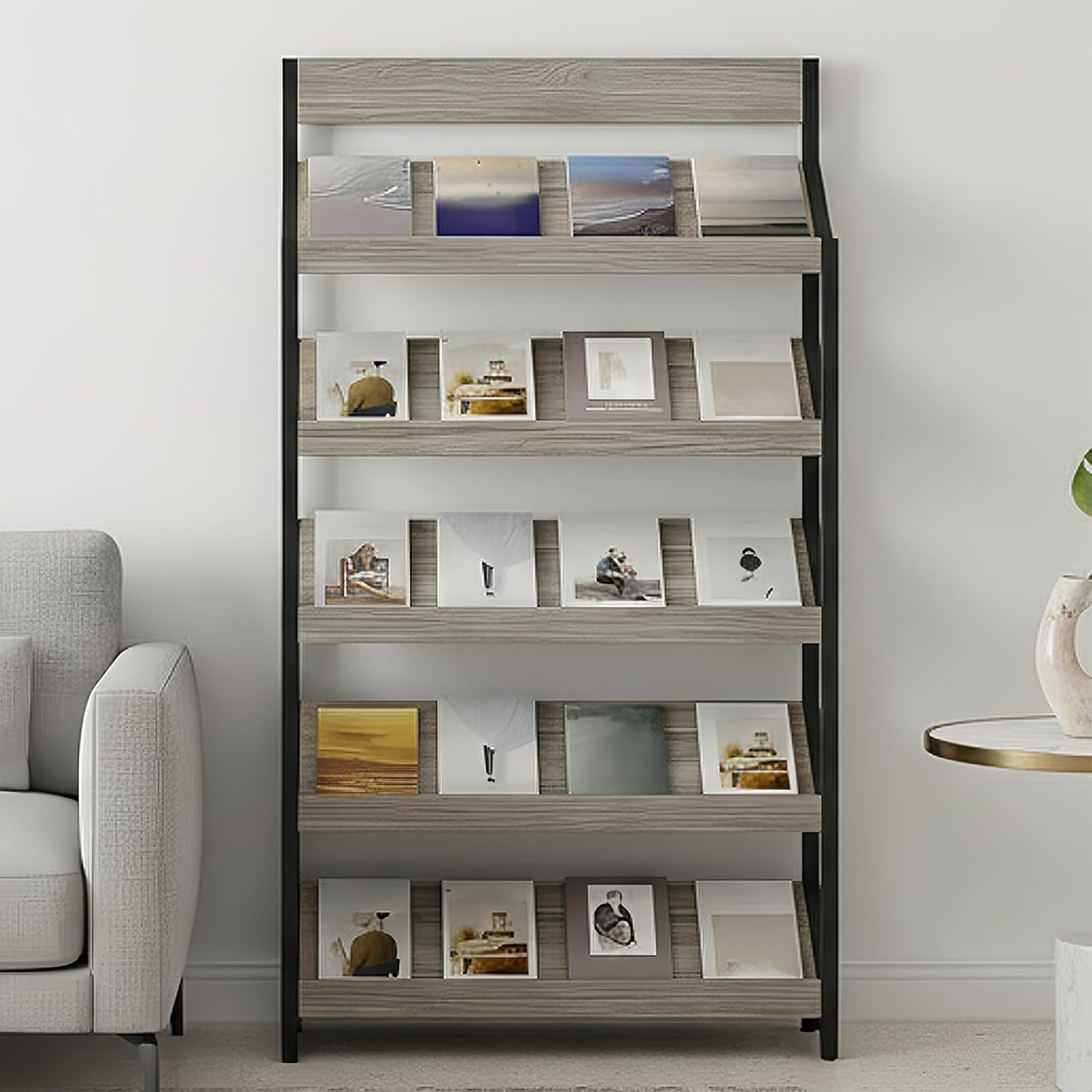 Magazine Rack Floor, 4/5-Tier Floor Magazine Rack, Sturdy Carbon Steel & Wood Literature Display Stand, Space-Saving Vertical Design,Literature Rack for Living Room, Coffee Shop, Office, School