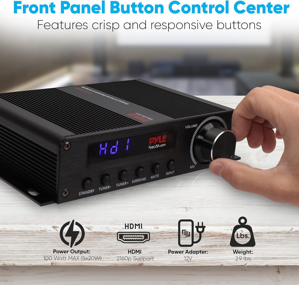Pyle Wireless Bluetooth Home Audio Amplifier - 100W 5.1 Channel Home Theater Receiver, Surround Sound w/ HI Def In and Out, RCA In, Subwoofer Out, LED Control Center, 12V Adapter - PFA560BT