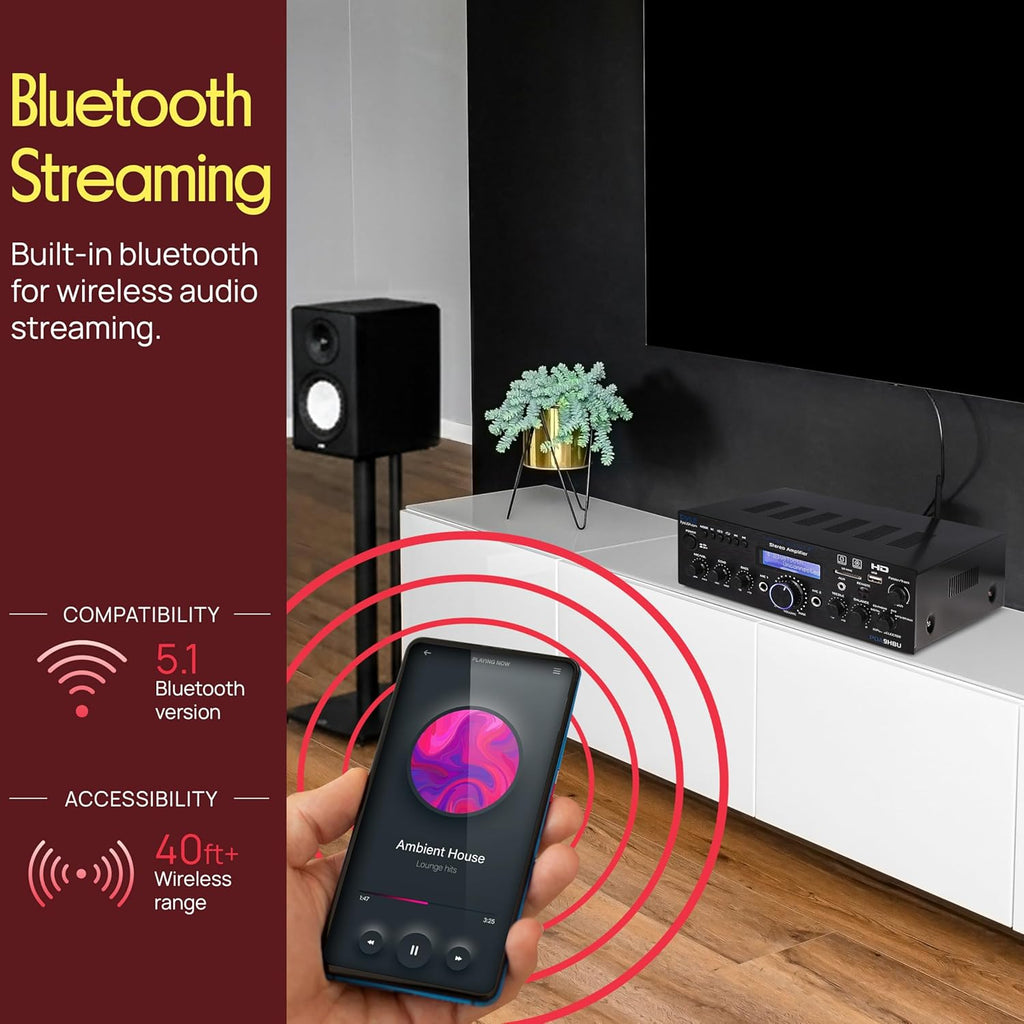 Pyle Wireless Bluetooth Home Stereo Amplifier - Multi-Channel 200 Watt Power Amplifier Home Audio Receiver System w/HDMI, Optical/Phono/Coaxial, FM Radio, USB/SD, AUX, RCA, Mic in - Remote - PDA9HBU
