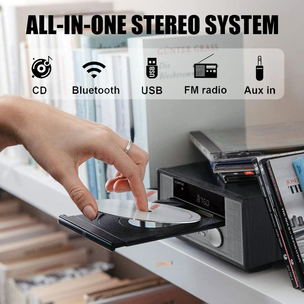 Home CD Stereo Shelf System,100W Hi-Fi Bookshelf Speskers System (with CD Player, FM Radio, Bluetooth 5.3, USB Playback, AUX-in, Headphone Jack, Remote Control, DSP-Tech