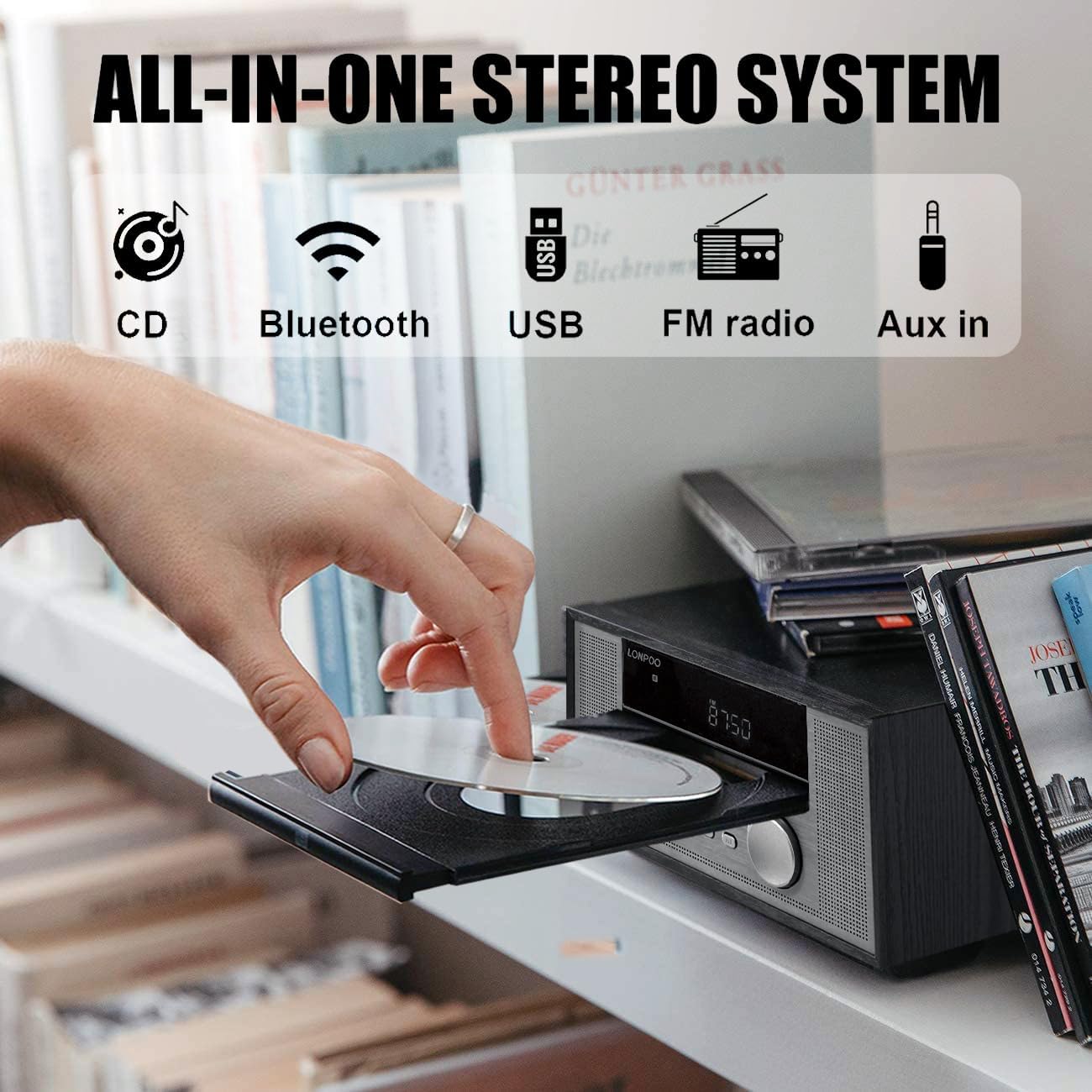 Home CD Stereo Shelf System,100W Hi-Fi Bookshelf Speskers System (with CD Player, FM Radio, Bluetooth 5.3, USB Playback, AUX-in, Headphone Jack, Remote Control, DSP-Tech