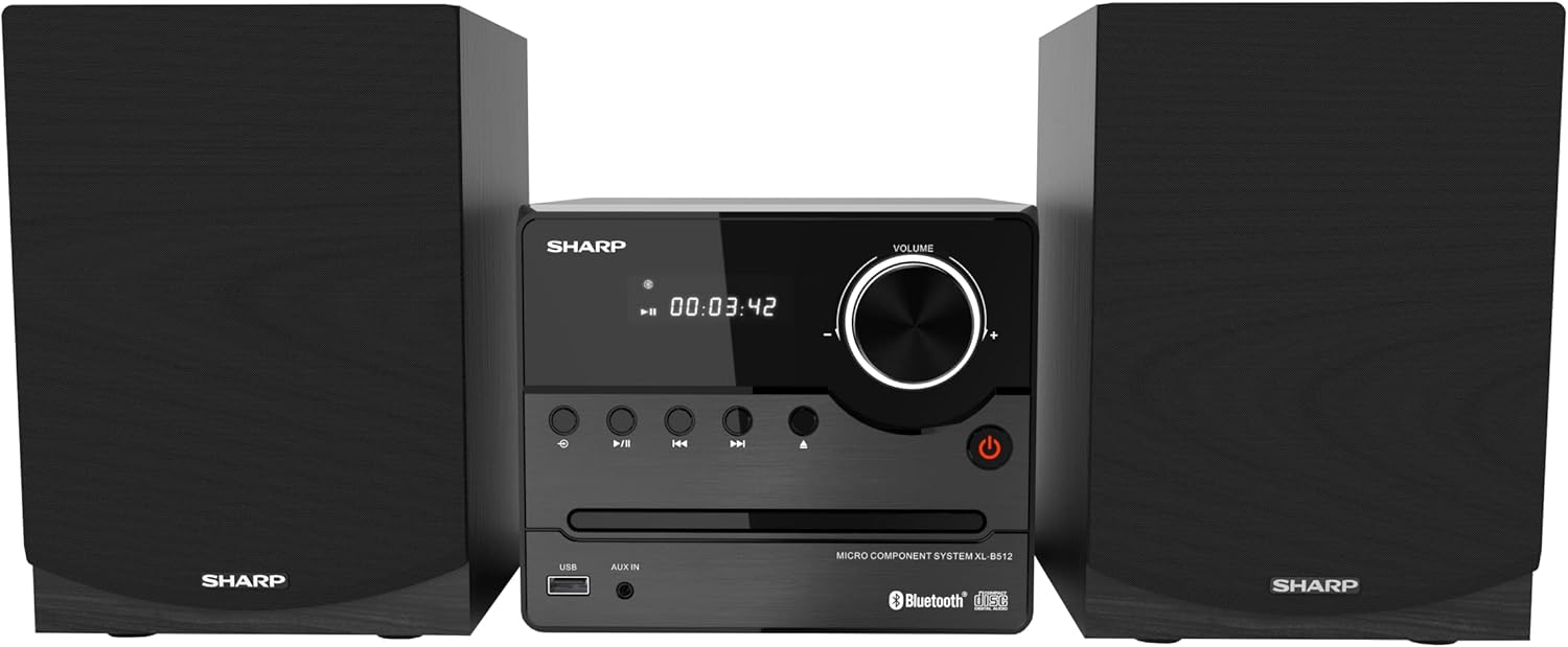 Sharp XL-B512 Micro Component Wireless Bluetooth Audio Streaming & CD Player Wood Speaker System + Remote, USB Port, MP3 Playback, FM Stereo Digital Tuner, Aux Input, Black Oak