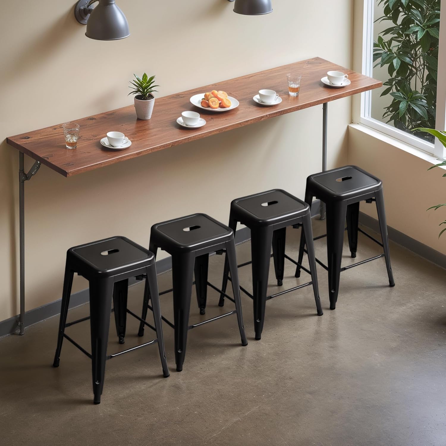 Furmax 24 Inch Metal Bar Stools Set of 4, Counter Height Bar Stools Height High Backless Stools Industrial Stackable Bar Chairs for Dining Room Kitchen Indoor Outdoor Stools Bar Chairs (Black)