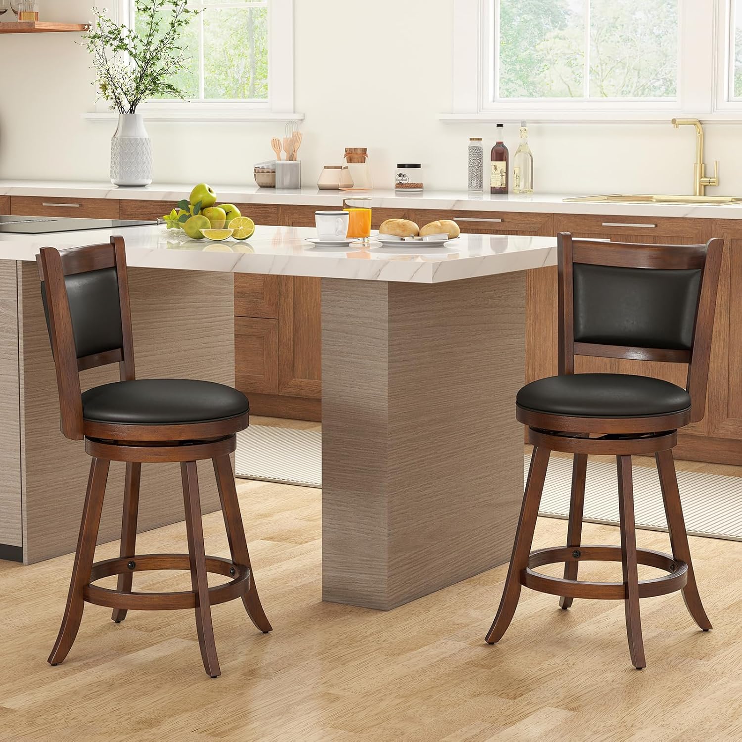 COSTWAY Bar Stools Set of 2, 360 Degree Swivel, Accent Wooden Swivel Seat Counter Height Bar Stool, Leather Upholstered Design, PVC Cushioned Seat, Perfect for Dining and Living Room (Height 24")