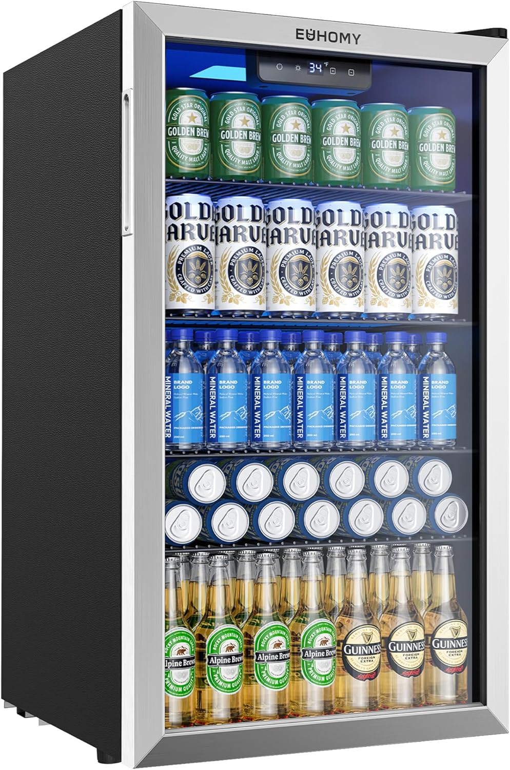 EUHOMY Mini Fridge 130 Can Beverage Refrigerator Cooler Glass Door for Soda Wine Beer, Beverage Cooler for Home, Bar, Office with Digital Temperature Control Adjustable Shelves, 3.2 Cu.Ft, Silver
