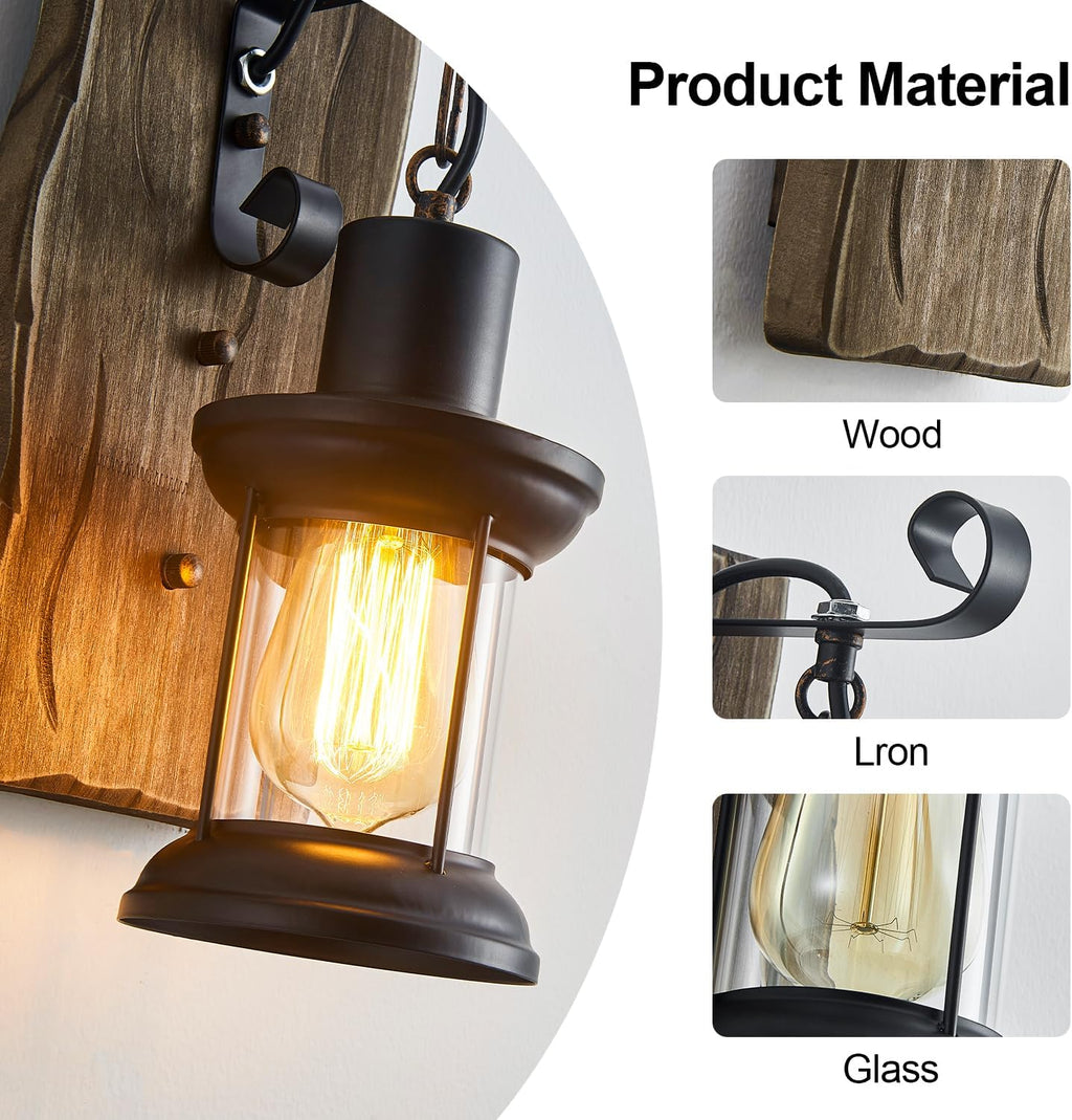 Rustic Industrial Wall Sconces, Black Metal Lantern with Wood Backplate, Farmhouse Indoor Light Fixture for Dining Room, Hallway, Porch