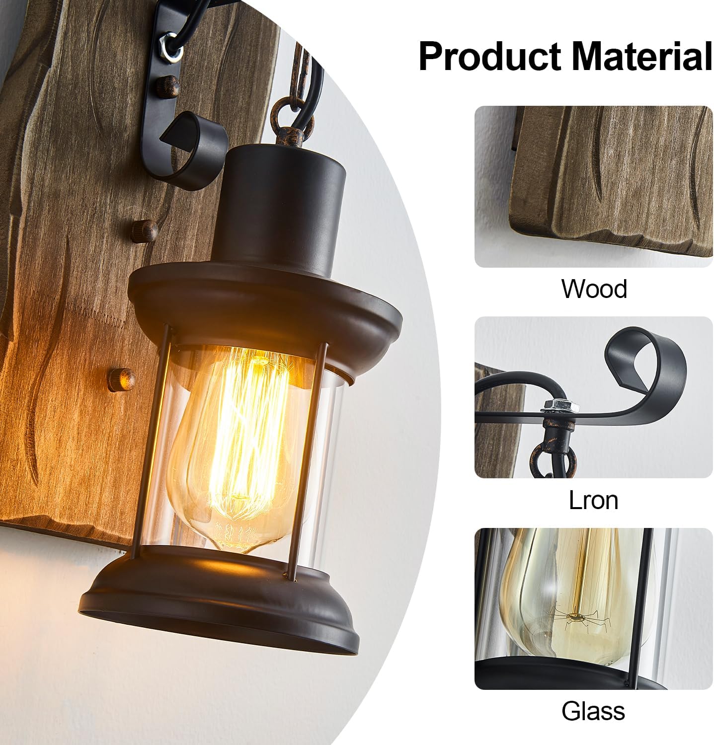 Rustic Industrial Wall Sconces, Black Metal Lantern with Wood Backplate, Farmhouse Indoor Light Fixture for Dining Room, Hallway, Porch