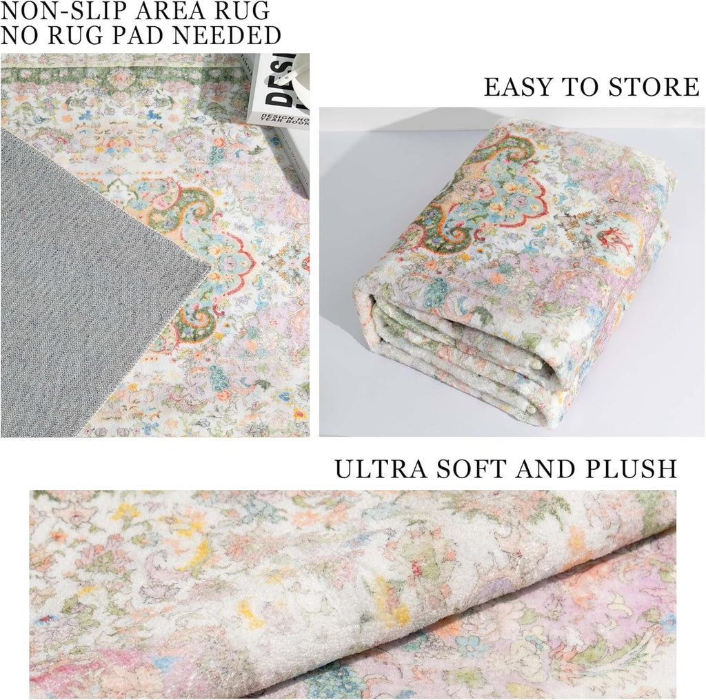 8x10 Area Rugs Washable,Pink Rug for Living Room Bedroom Dining Room,Large Boho Vintage Bohemian Distressed Carpet Non Slip,Blush Green