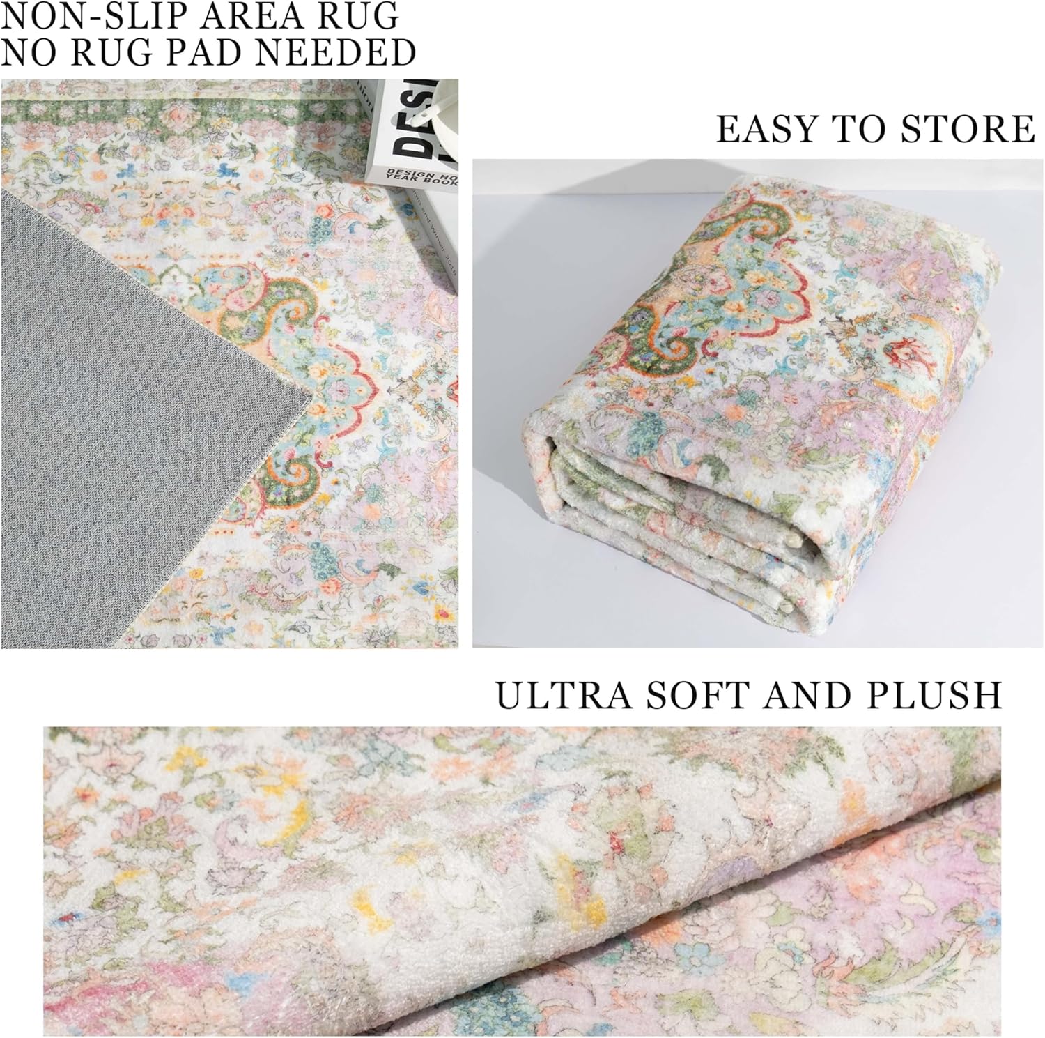 8x10 Area Rugs Washable,Pink Rug for Living Room Bedroom Dining Room,Large Boho Vintage Bohemian Distressed Carpet Non Slip,Blush Green