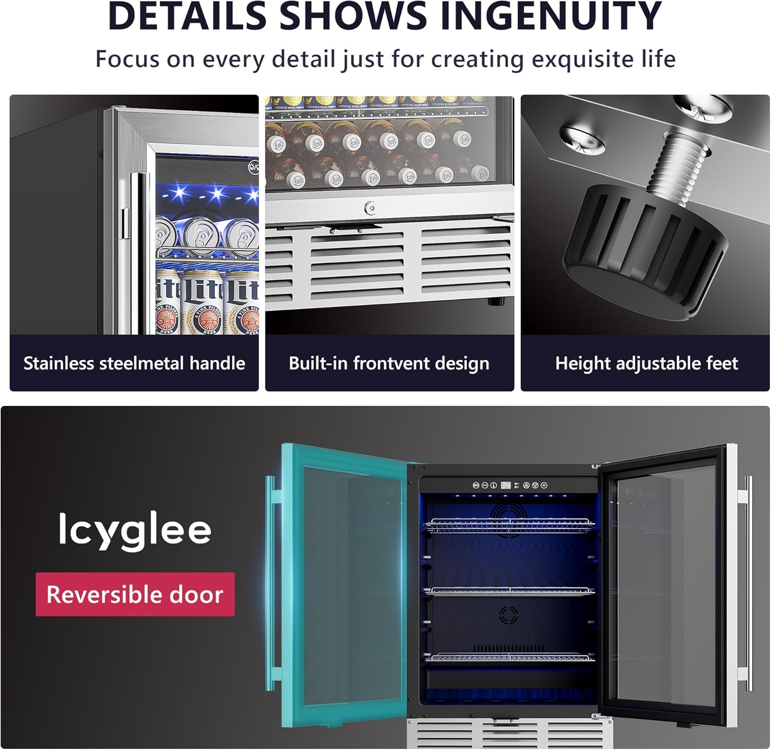 Icyglee 24 Inch Beverage Refrigerator, Beverage Cooler 180 Can Built-in Design, Under Counter Beer Fridge with Glass Door for Soda, Wine, Water - For Kitchen, Office or Bar