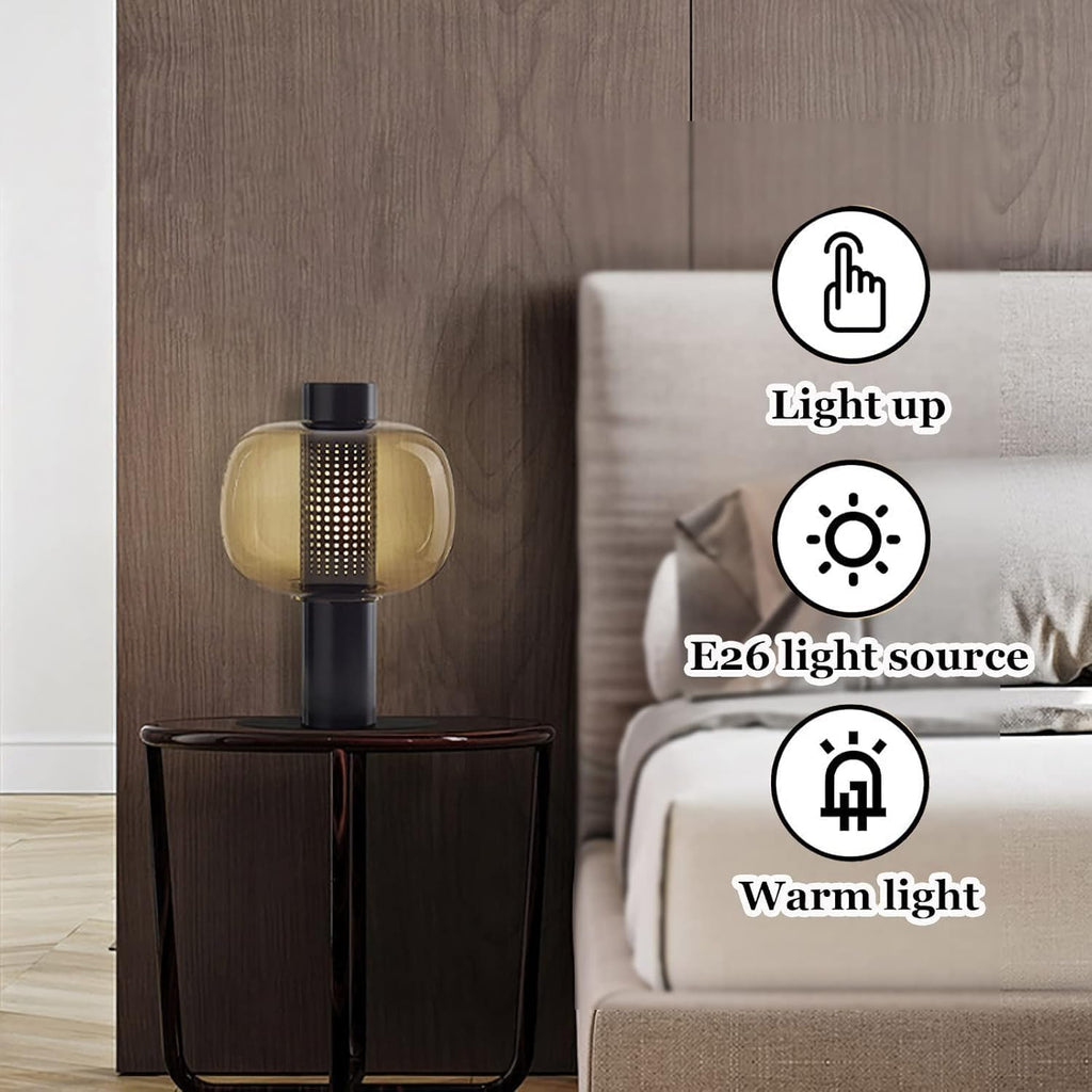 Modern Amber Glass Table Lamp Glass Shade Gold Base Desk Lamp Minimalist Design Living Room Bedroom Office Coffee Shop Dimmable LED Light Decor Ambient Lighting