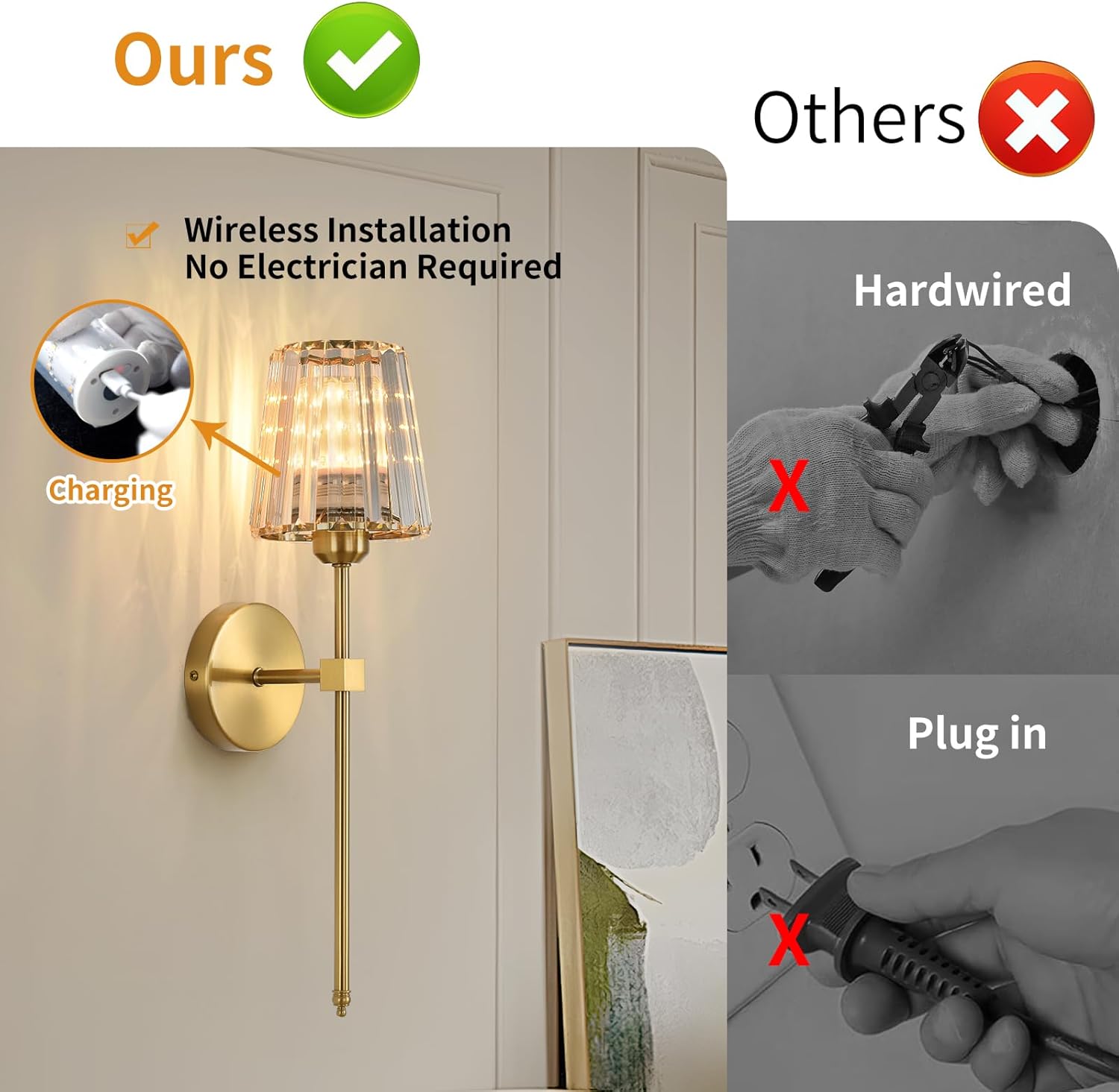 Battery Operated Crystal Wall Sconces Set of 2, Gold Wireless Wall Sconce with USB Rechargeable LED Light Bulbs 12 Colors Dimmable Crystal Wall Lamp with Remote for Bedroom Living Room, Bulbs Included