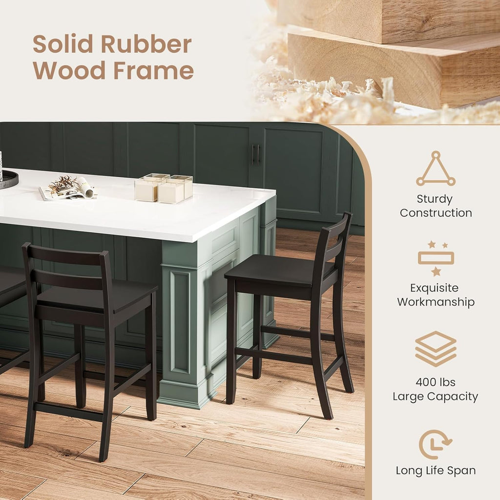 COSTWAY Wooden Bar Stools Set of 2, 24-Inch Counter Height Stools with Ergonomic Backrest & Footrest, Farmhouse High Dining Chairs for Kitchen Island, Pub, Cafe (2, Black)