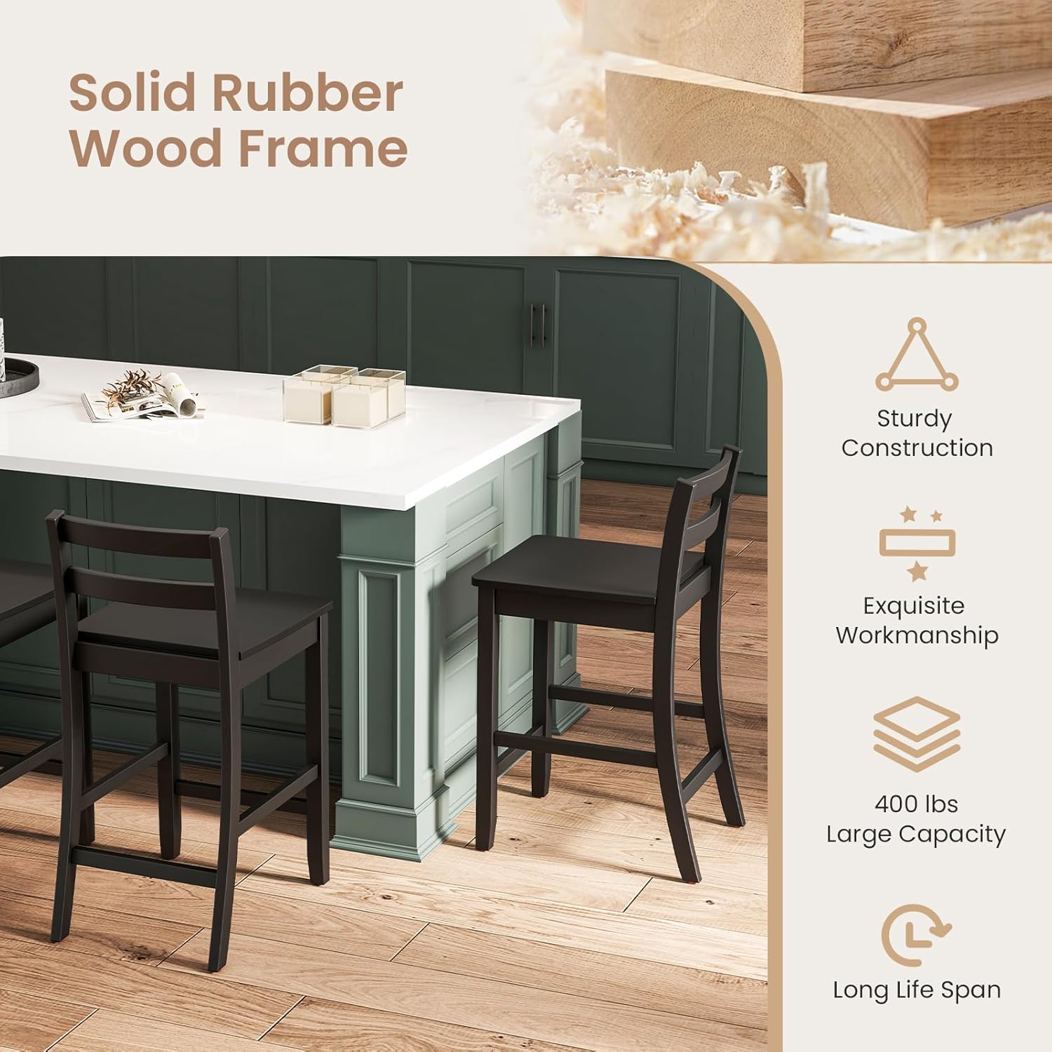 COSTWAY Wooden Bar Stools Set of 2, 24-Inch Counter Height Stools with Ergonomic Backrest & Footrest, Farmhouse High Dining Chairs for Kitchen Island, Pub, Cafe (2, Black)