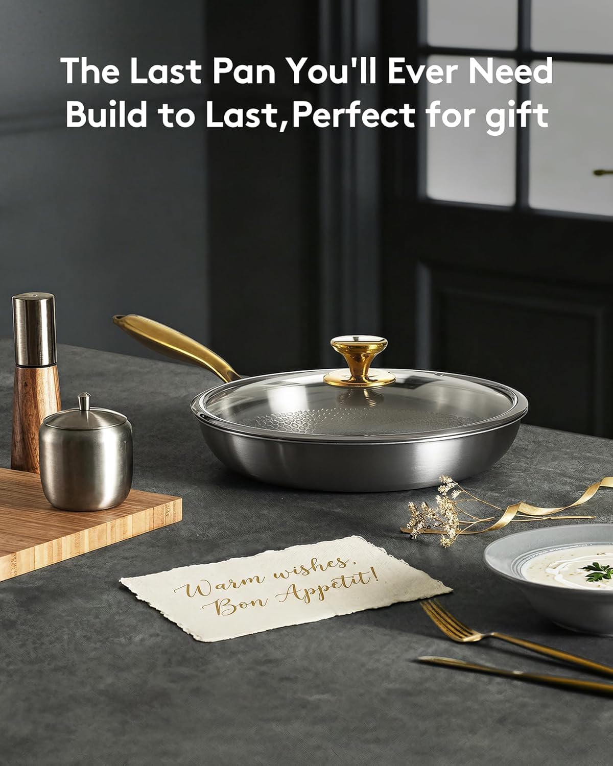 Titanium Pans for Cooking | 12 Inch Pure Tagine Titanium Skillet with Lid | Hammered Chef-Grade Design | PFAS/PFOA/PTFE-Free | Induction & Oven-Safe