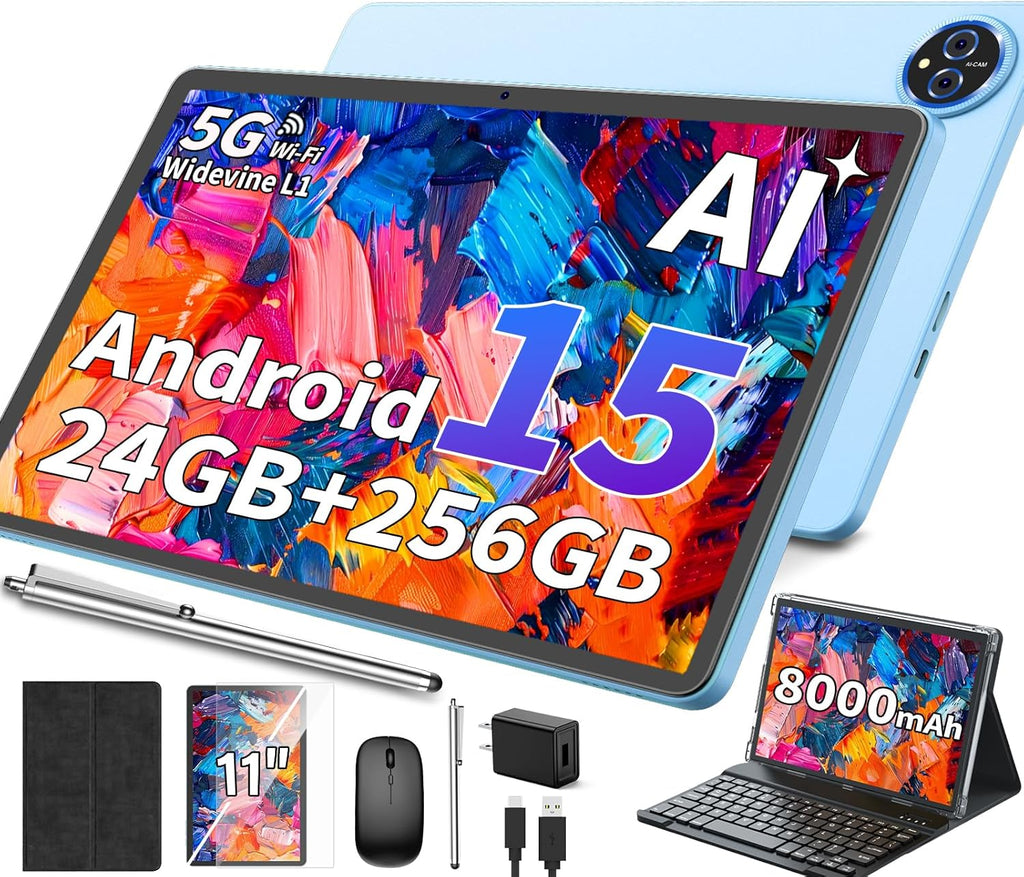 2026 11 Inch Tablet, Android 15 Tablet with Keyboard, 24GB+256GB+2TB Expand, Gemini AI Tablets PC with 8-Core, 8000mAh, 5G WiFi, Widevine L1, GPS, 2 in 1 Large Tablet with Case, Mouse, Stylus (Black)