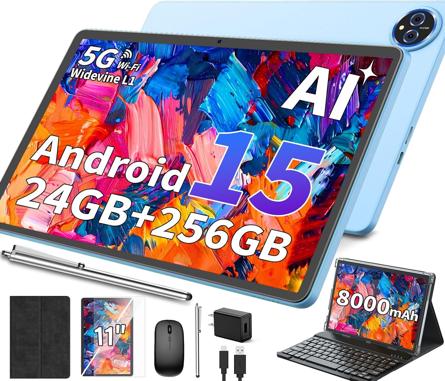 2026 11 Inch Tablet, Android 15 Tablet with Keyboard, 24GB+256GB+2TB Expand, Gemini AI Tablets PC with 8-Core, 8000mAh, 5G WiFi, Widevine L1, GPS, 2 in 1 Large Tablet with Case, Mouse, Stylus (Black)