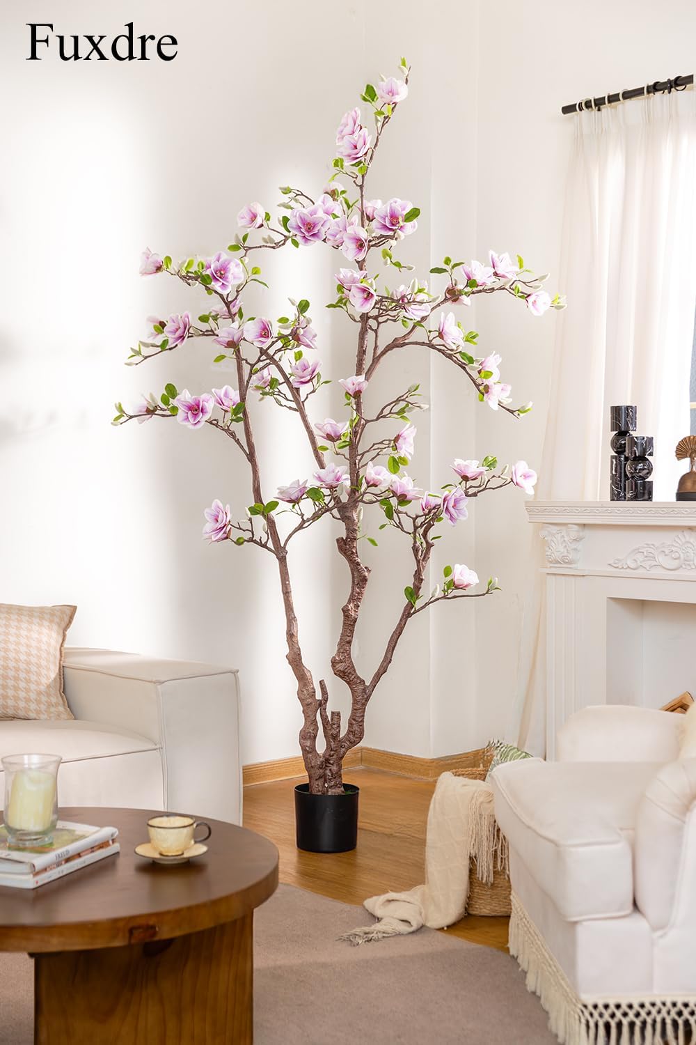 Faux Magnolia Tree 6.8 ft - with 57 Pcs White-Purple Flowers - Tall Artificial Plants Indoor, Large Fake Plant Perfect Potted Magnolia Flower Decor for Living Room, Stairs, Shop, Porch, Study Room