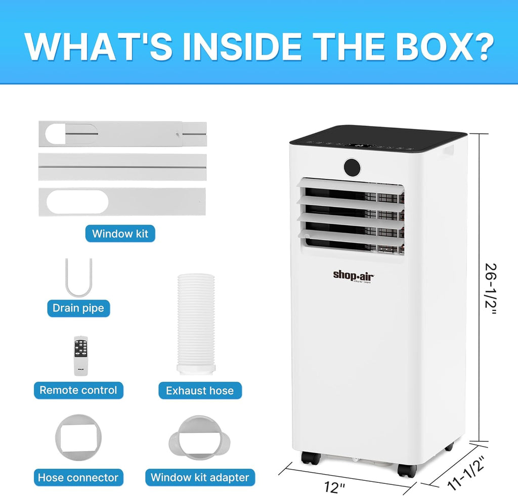 Shop-Air 10,000 BTU Portable Air Conditioner for Rooms up to 430 Sq. Ft, 3-in-1 Portable AC Unit for Rooms with Remote Control, Fast Cooling, Dehumidifier, Quiet Sleep Mode, Window Kit Included
