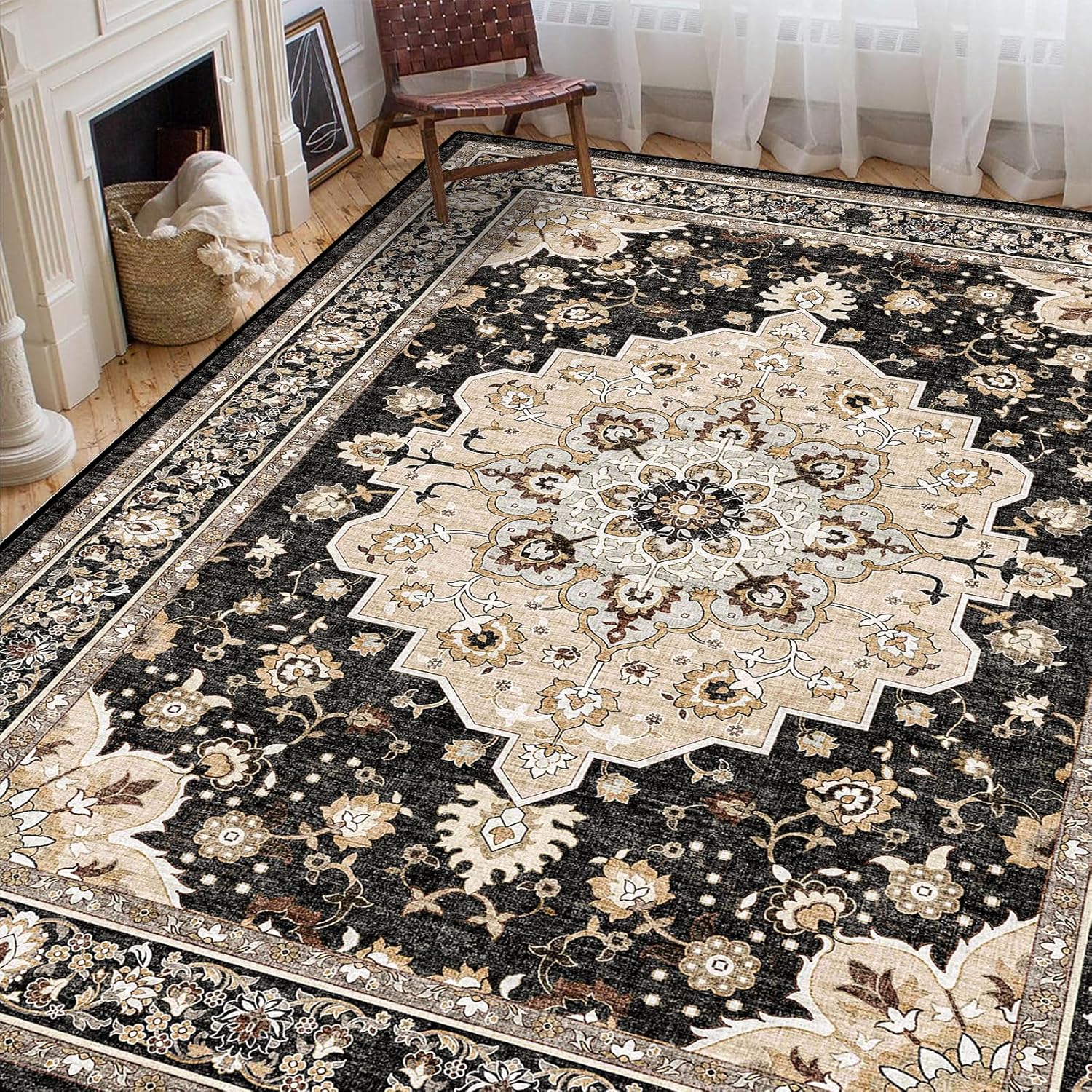 Washable Living Room Area Rug: 8x10 Oriental Stain Resistant Rugs for Living Room Medallion Non-Slip Carpet for Dining Room Soft Distresses Floor Mat for Bedroom Home Office (8x10 Black)