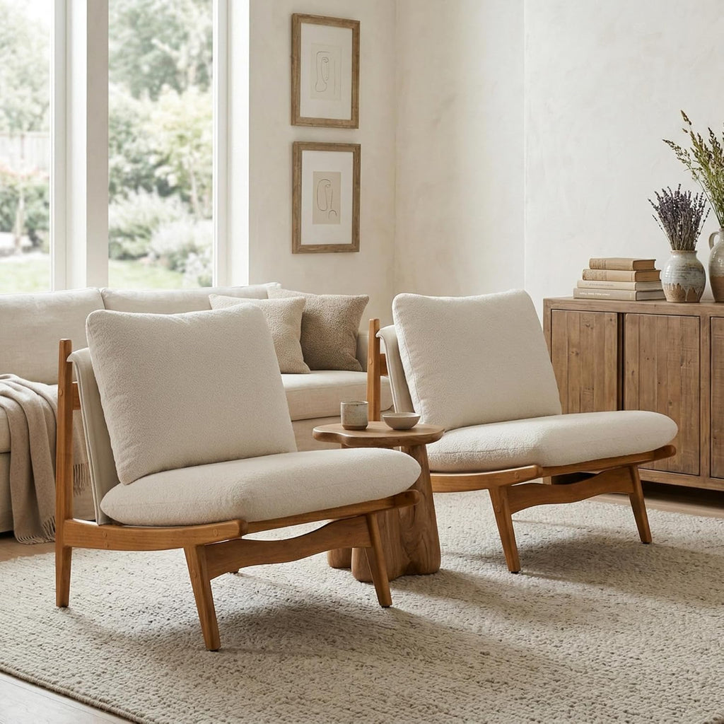 Christopher Knight Home Vista Low Profile Accent Chair Set of 2 with Removable Cushion, Solid Wood Armless Lounge Chair, Fabric Comfy Reading Chair for Bedroom, Beige+Natural