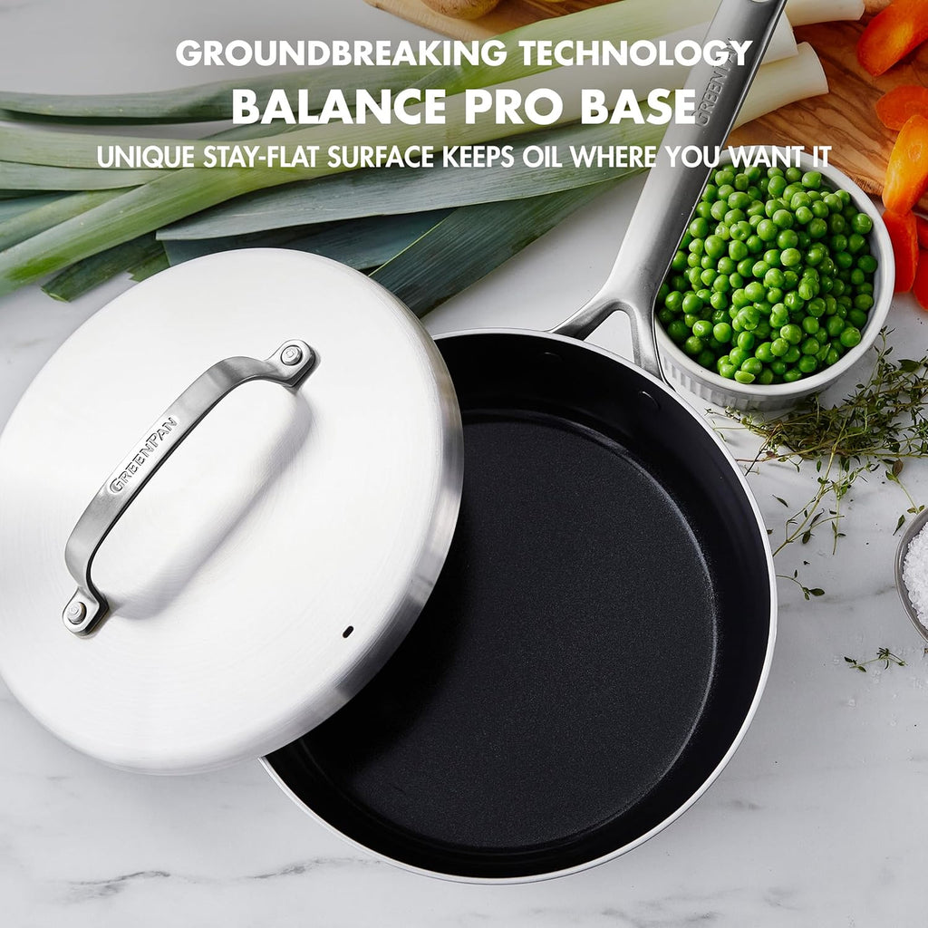 GreenPan GP5 3.26QT Saucepan with Lid, 5-Ply Stainless Steel, PFAS-Free Ceramic Nonstick, Soup Pot, Dishwasher and Oven Safe, Silver