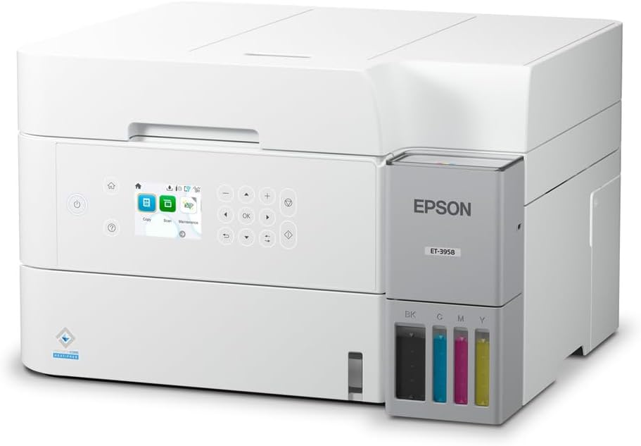 Epson EcoTank ET-3958 Wireless All-in-One Color Supertank Printer, Refillable Tanks, 2.4" Color Screen, Auto Document Feeder, Auto Duplex Printing, Scan, 250-Sheet Paper Tray – White