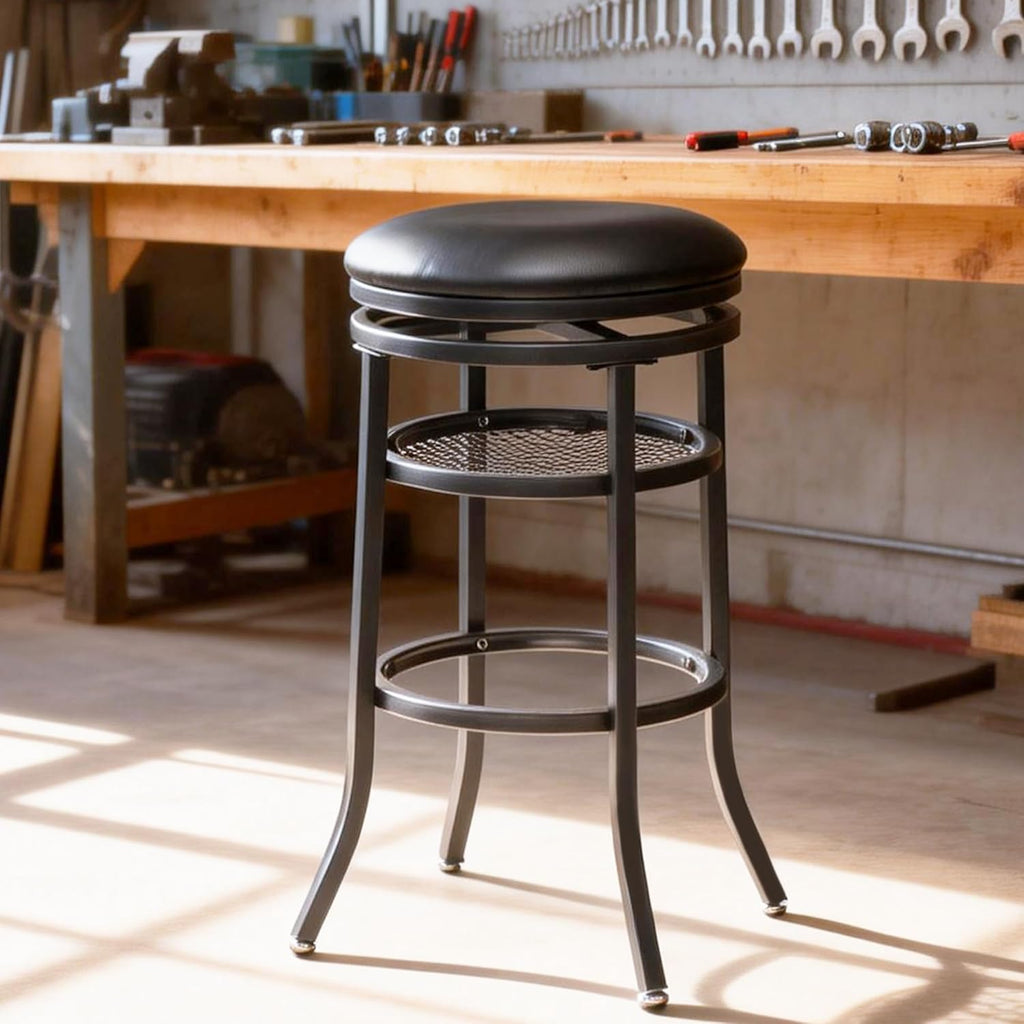 Swivel Industrial Shop Stool with Mesh Storage, Round Metal Garage Stool with Footrest, Heavy Duty Bar Stool for Garages, Workshops, Dining Room, Party Black, Set of 2
