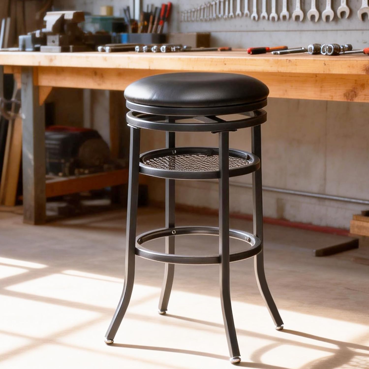 Swivel Industrial Shop Stool with Mesh Storage, Round Metal Garage Stool with Footrest, Heavy Duty Bar Stool for Garages, Workshops, Dining Room, Party Black, Set of 2