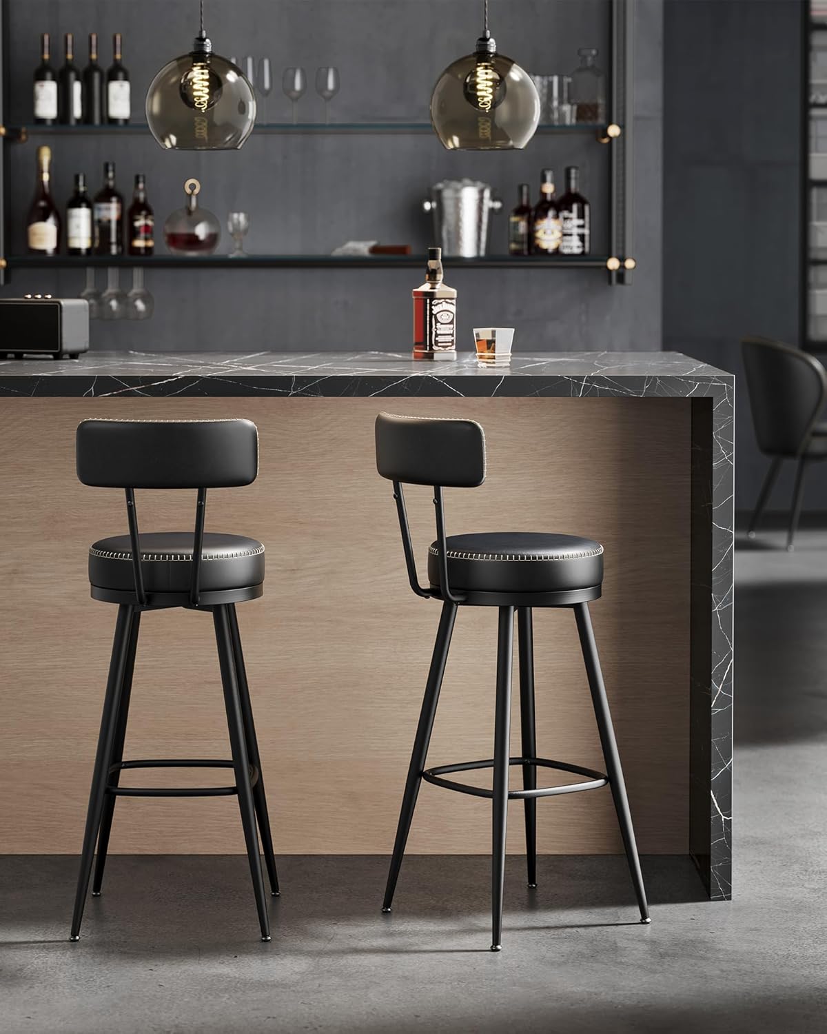 VASAGLE EKHO Collection - Bar Stools Set of 2, Swivel Bar Height Bar Stools with Back, Synthetic Leather with Stitching, Mid-Century Modern, 30-Inch Tall Barstools for Kitchen Home Bar, Ink Black