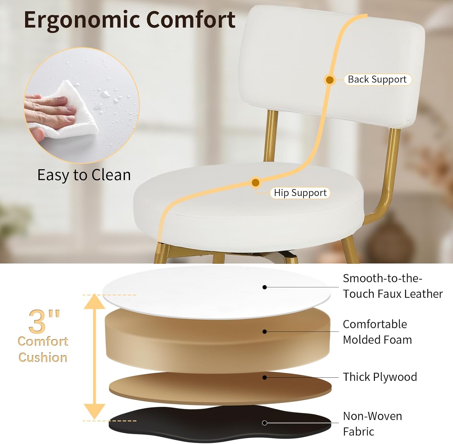 Gold White Counter Height Bar Stools Set of 2, Modern Swivel Bar Stools with Back, 25 Inch PU Leather Barstools Bar Chair Island Stool for Kitchen Counter, White Gold