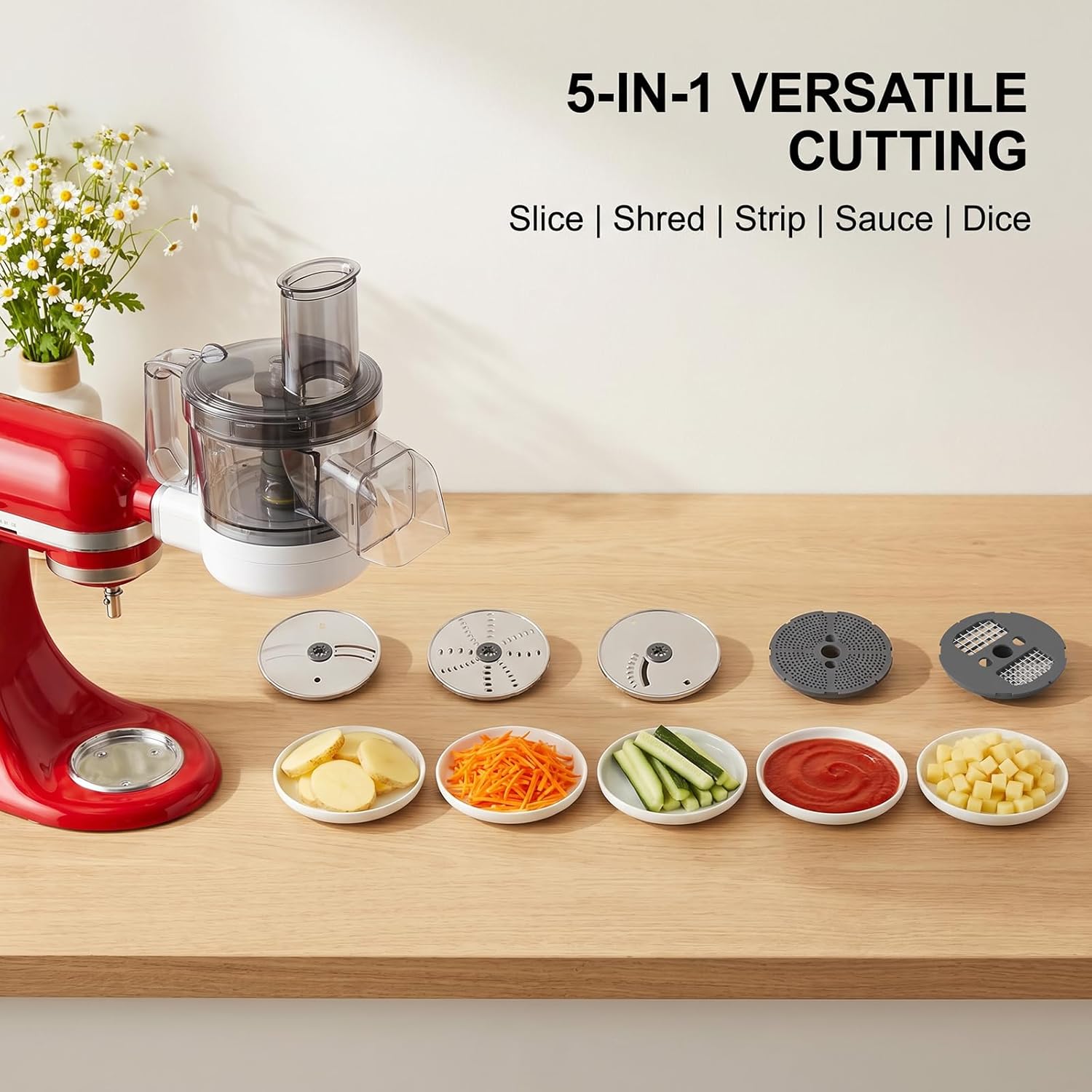 GVODE 5-in-1 Food Processor Attachment for KitchenAid, Multifunctional Chopper with Dicing/Slicing/Shredding/Strip Cutting/Sauce Discs and Storage Case