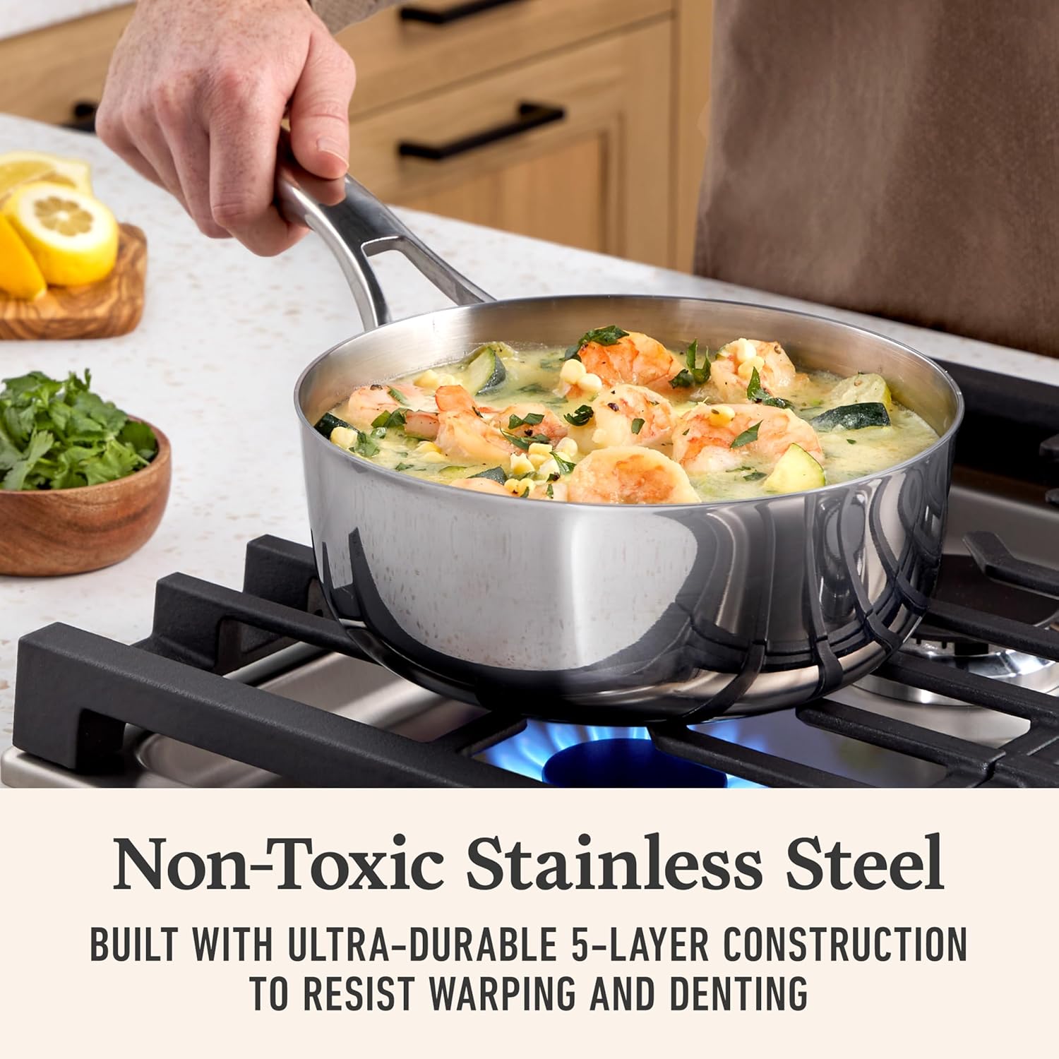 Calphalon Premier Polished 5-Ply Stainless Steel Cookware w/Turbo Heat Tech 2.5Qt Chef's Pan with Lid, Induction, Oven Safe 500F, PFOA Free, Polished Stainless Silver