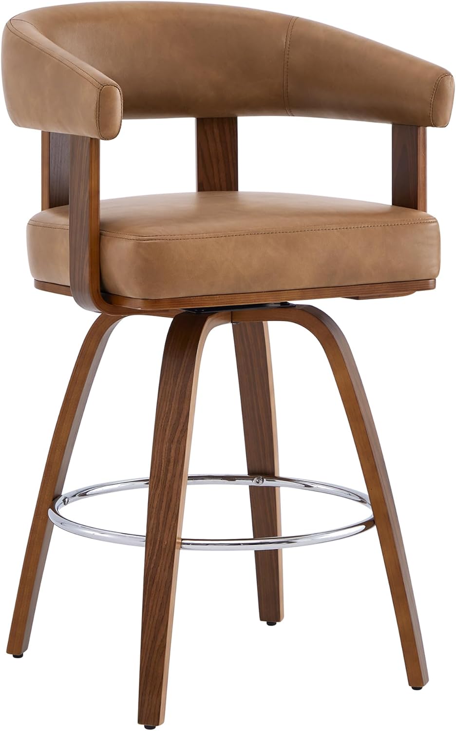 CHITA Swivel Counter Height Barstools Set of 2, FSC Certified Faux Leather Upholstered Bar Stools with Back and Armrest for Kitchen Island Home Bar, 27" Seat Height, Camel with Walnut Frame