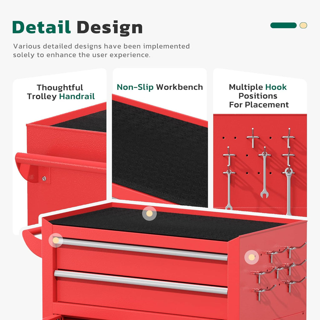 Greenvelly 8-Drawer Rolling Tool Chest, Assembled 2 in 1 Detachable Metal Tool Box with Wheels, Lockable Steel Tool Cart with Drawer Liners & Side Hooks for Garage, Workshop, Repair Room (Red)