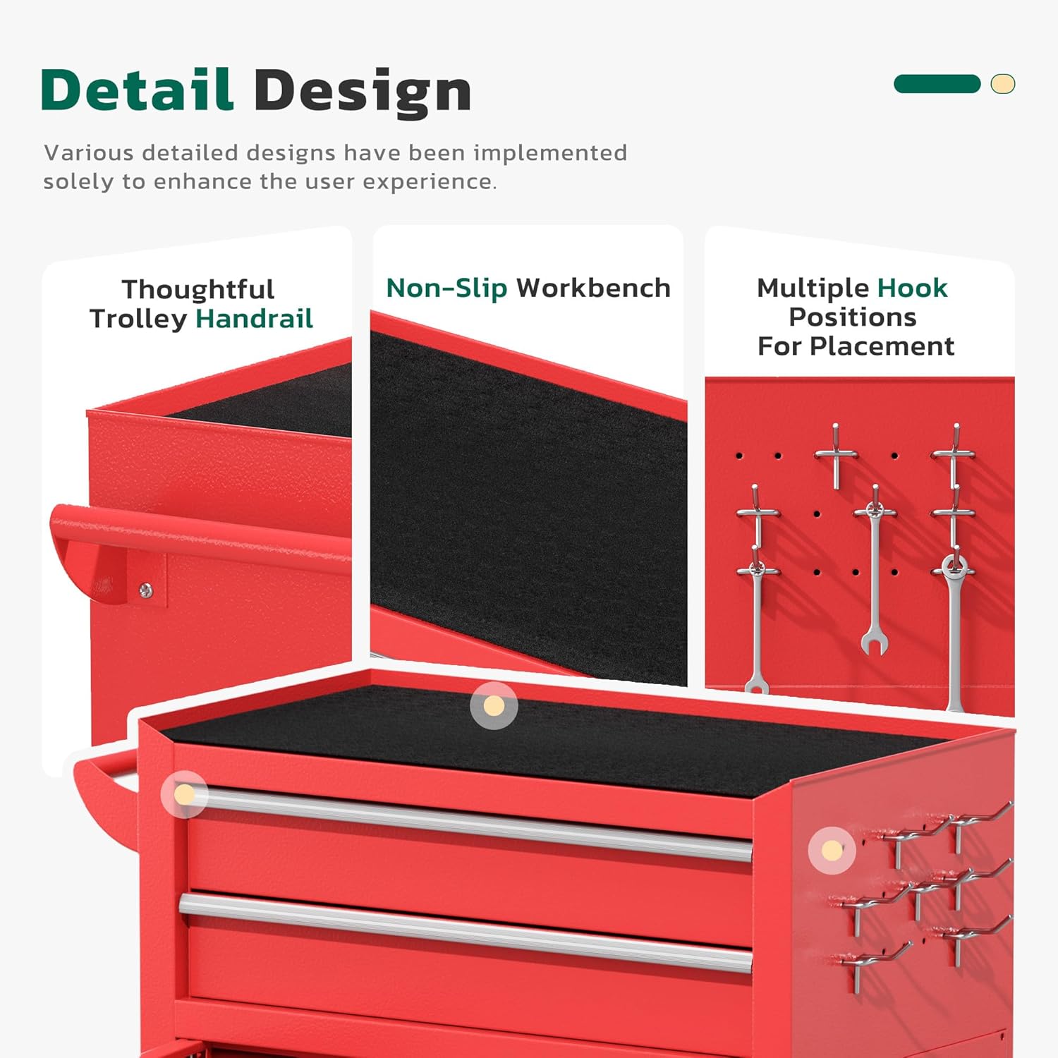Greenvelly 8-Drawer Rolling Tool Chest, Assembled 2 in 1 Detachable Metal Tool Box with Wheels, Lockable Steel Tool Cart with Drawer Liners & Side Hooks for Garage, Workshop, Repair Room (Red)
