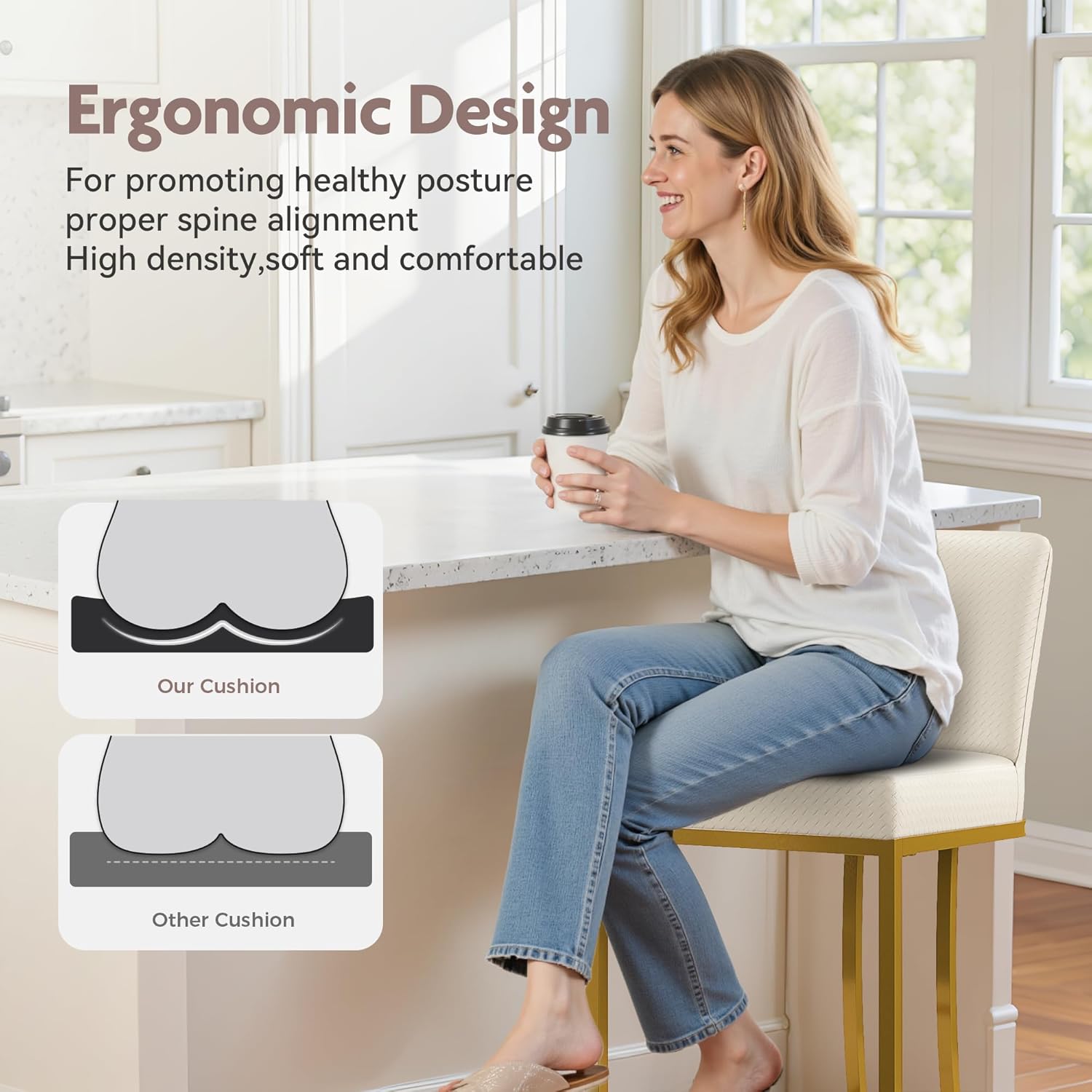 ALPHA HOME Counter Stools with Backs, 24 inch Bar Stools for Kitchen Island, Upholstered PU Leather Bar Chair with footrest, Great for Coffee Shop, Kitchen, Dining Room, White&Gold