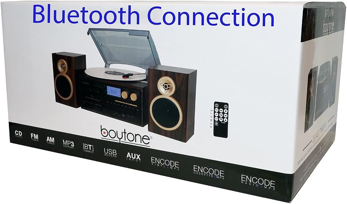 Boytone BT-28SPM, Bluetooth Classic Style Record Player Turntable with AM/FM Radio, CD / Cassette Player, 2 Separate Stereo Speakers