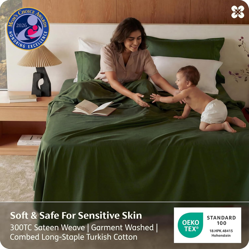 Bedsure 100% GOTS Certified Organic Cotton Sheets, King Size Sheets Set, 17" Deep Pocket Bedsheets with Corner Straps, Eco-Friendly, Soft & Luxury PureWoven Cotton Hotel Bedding, Olive Green
