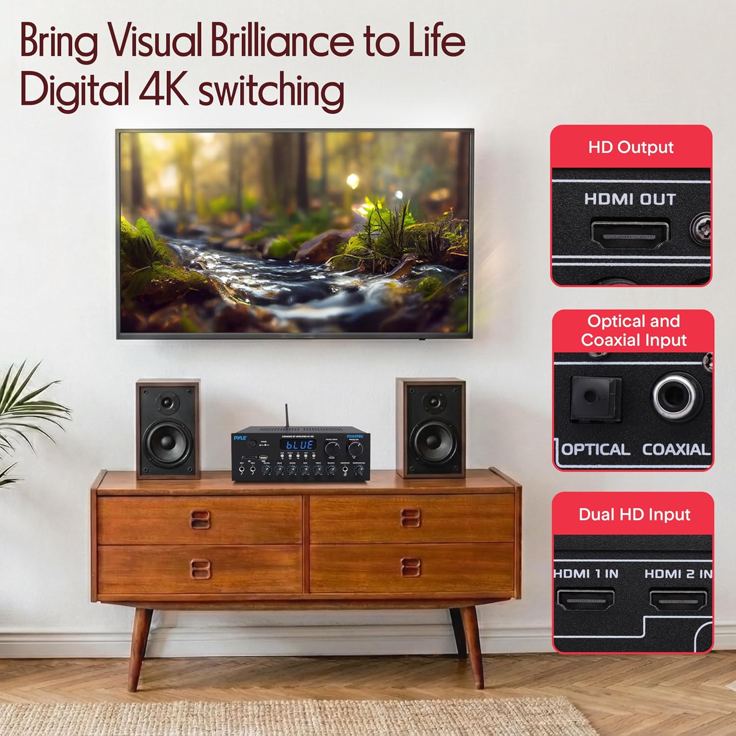 Pyle Wireless Bluetooth Streaming Amplifier - 300W Multi Channel Receiver with Dual Hi Def in/Out, Optical/Coaxial w/ 24 Bit decoding, Aluminum Control Knobs, Headphone Out, USB-A/SD - PDA99BU