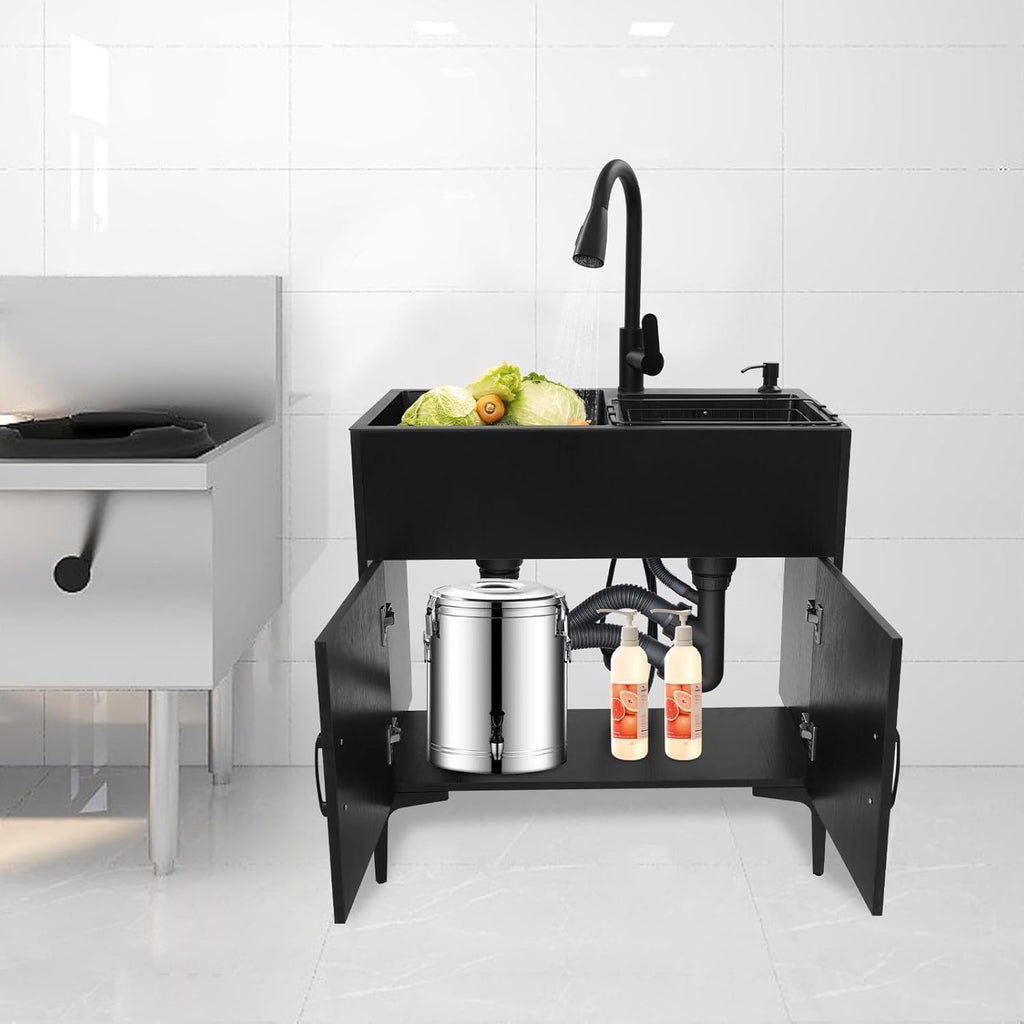 Laundry Sink with Cabinet, Stainless Steel Sink Laundry Tub with Faucet Heavy Duty Slop Freestanding Utility Sink for Washing Room Basement Garage Shop Single-Bowl (Black, 29.5 * 16.1 * 30.7in)