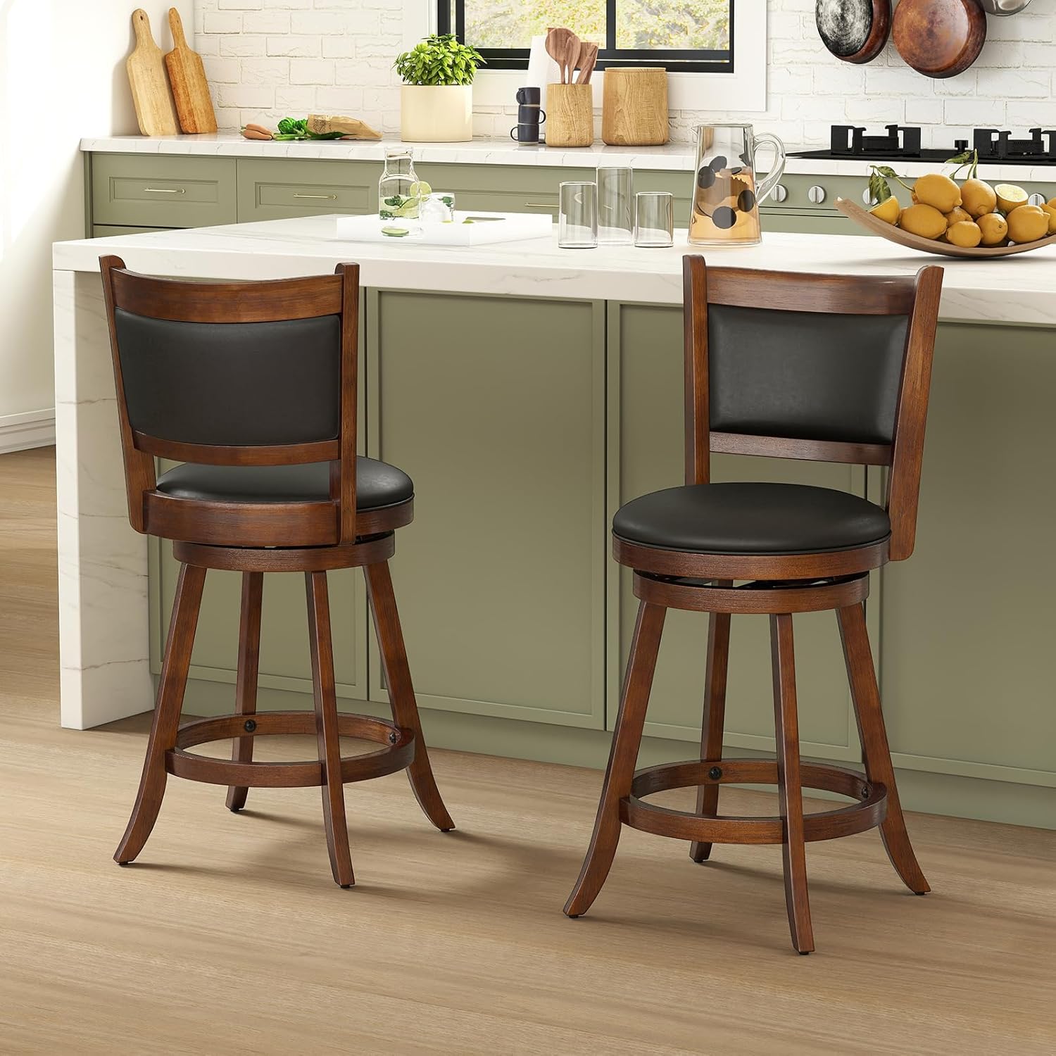 COSTWAY Bar Stools Set of 2, 360 Degree Swivel, Accent Wooden Swivel Seat Counter Height Bar Stool, Leather Upholstered Design, PVC Cushioned Seat, Perfect for Dining and Living Room (Height 24")