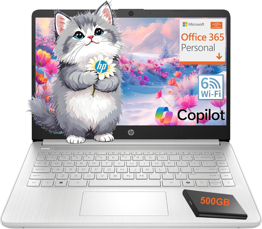 HP Essential Laptop Computer for Home and Student with Office 365, 2026 Edition, 16GB RAM, 128GB Storage- Intel Processor - LED Display, 500GB External HDD, Portable Design, Copilot AI, Win 11 Home S