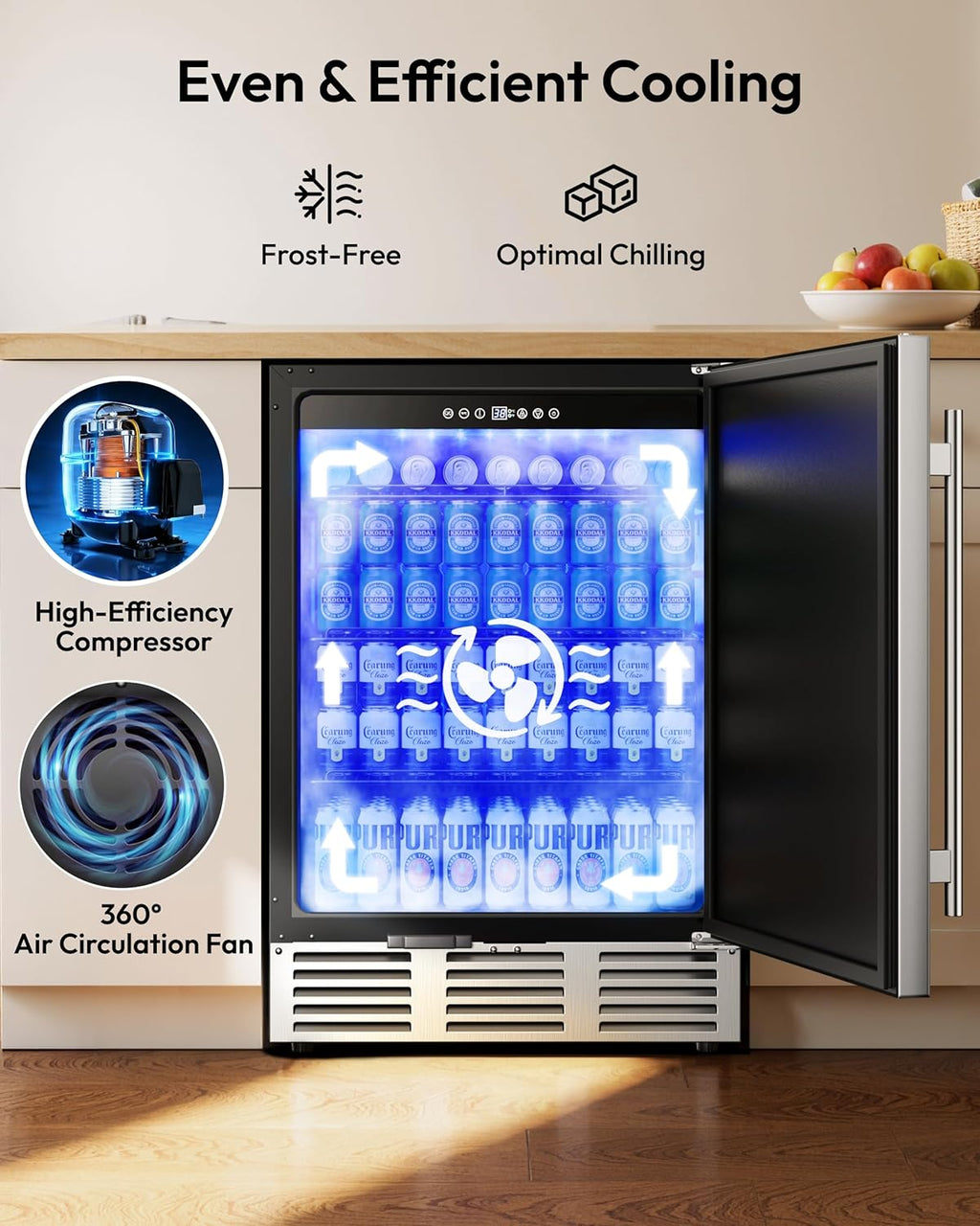 EUHOMY 24 Inch Beverage Refrigerator, Undercounter Beverage Fridge 180 Can with Stainless Steel Door for Home Patio, Beverage Cooler Built-in or Freestanding, outdoor refrigerator for Soda Beer Wine